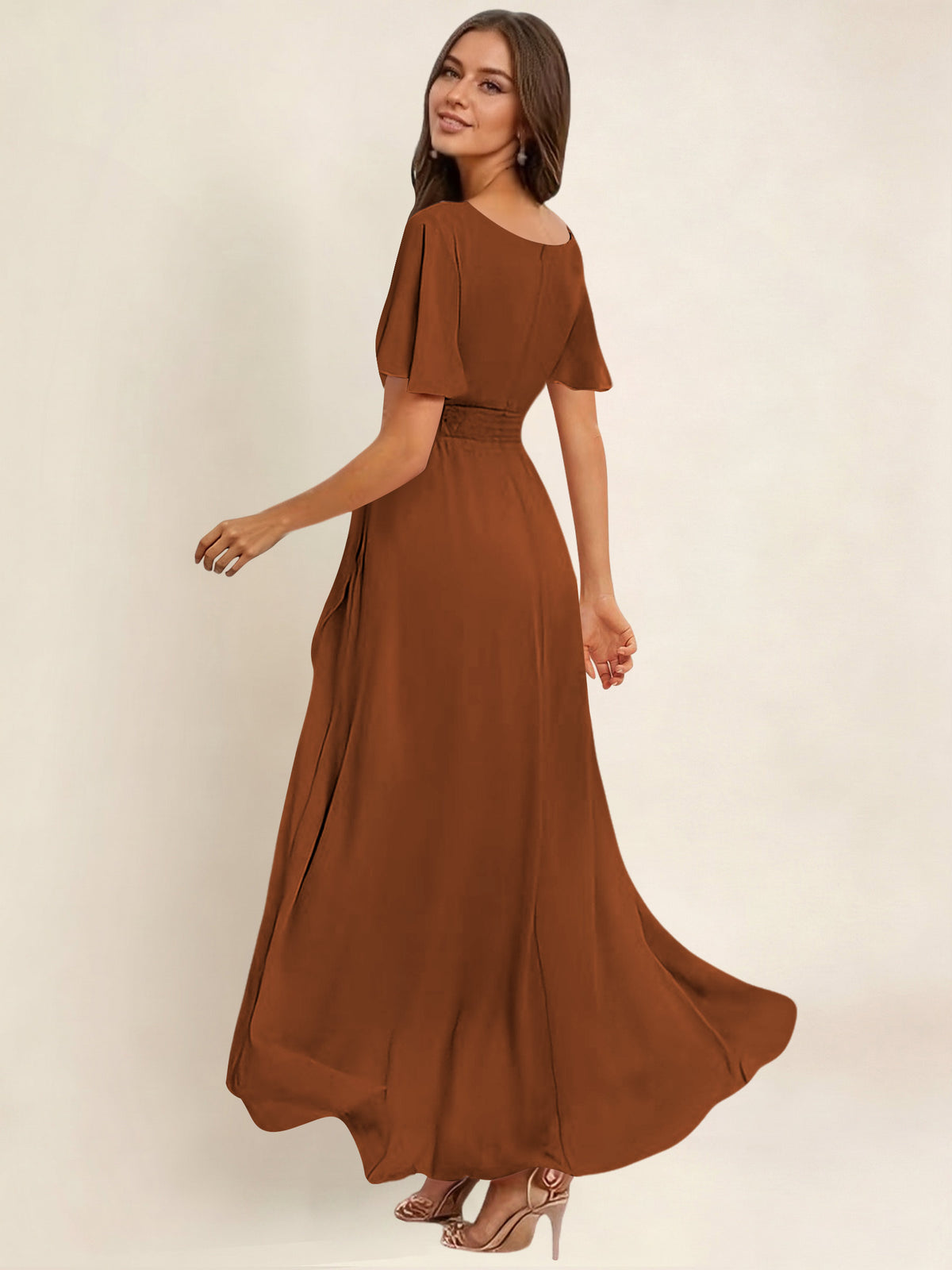 ROVDESY A-Line High Low Round Neck Pleated Ruffle Chiffon Bridesmaid Dress With Short Sleeves