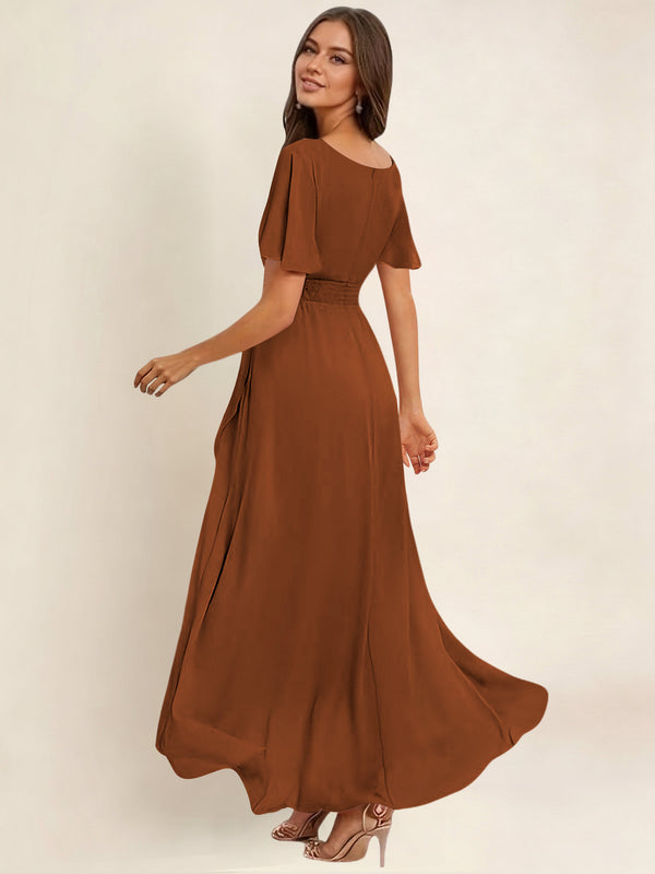 A-Line High Low Round Neck Pleated Ruffle Chiffon Bridesmaid Dress With Short Sleeves
