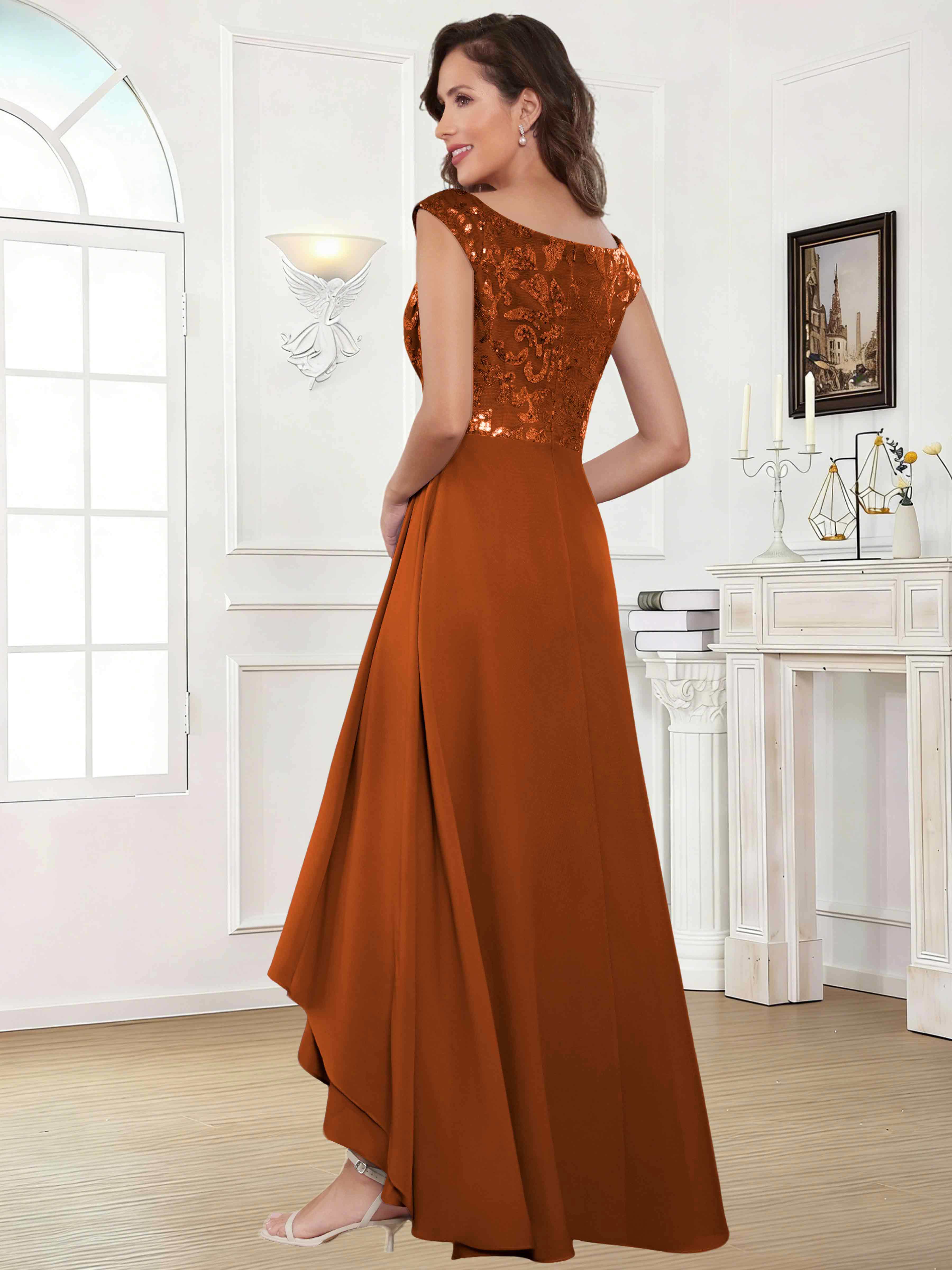 ROVDESY Tea Length Off-The-Shoulder Sequin Chiffon Mother Of The Bride Dress