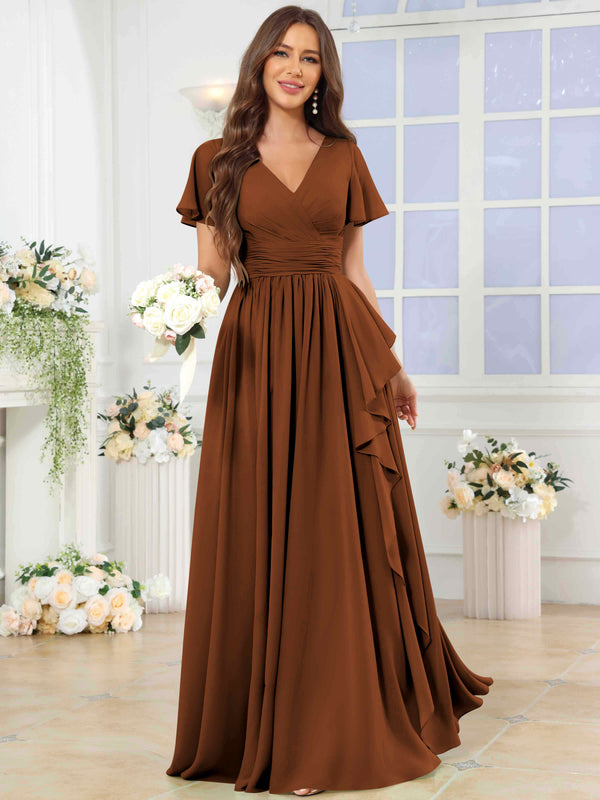 A-Line V-Neck Slit Pleated Ruffle Chiffon Bridesmaid Dress With Short Sleeves