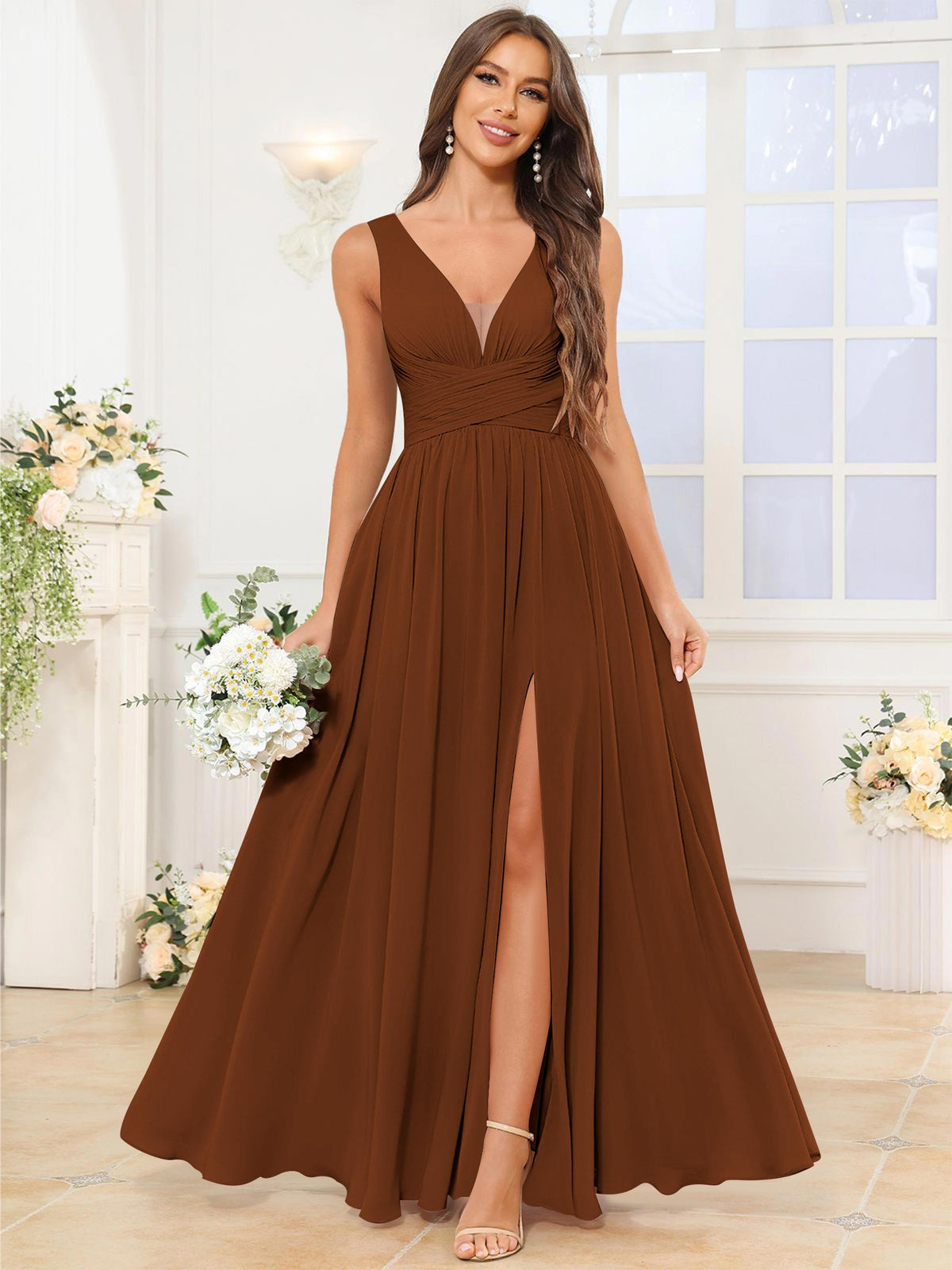 V Neck Chiffon A Line Bridesmaid Dress with Slit