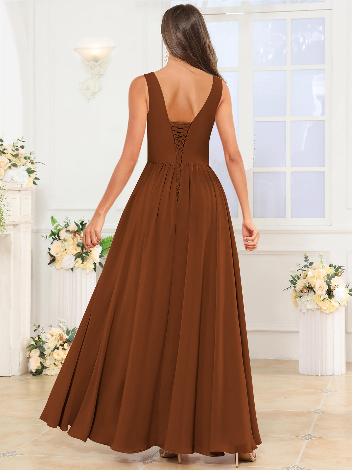V Neck Chiffon A Line Bridesmaid Dress with Slit