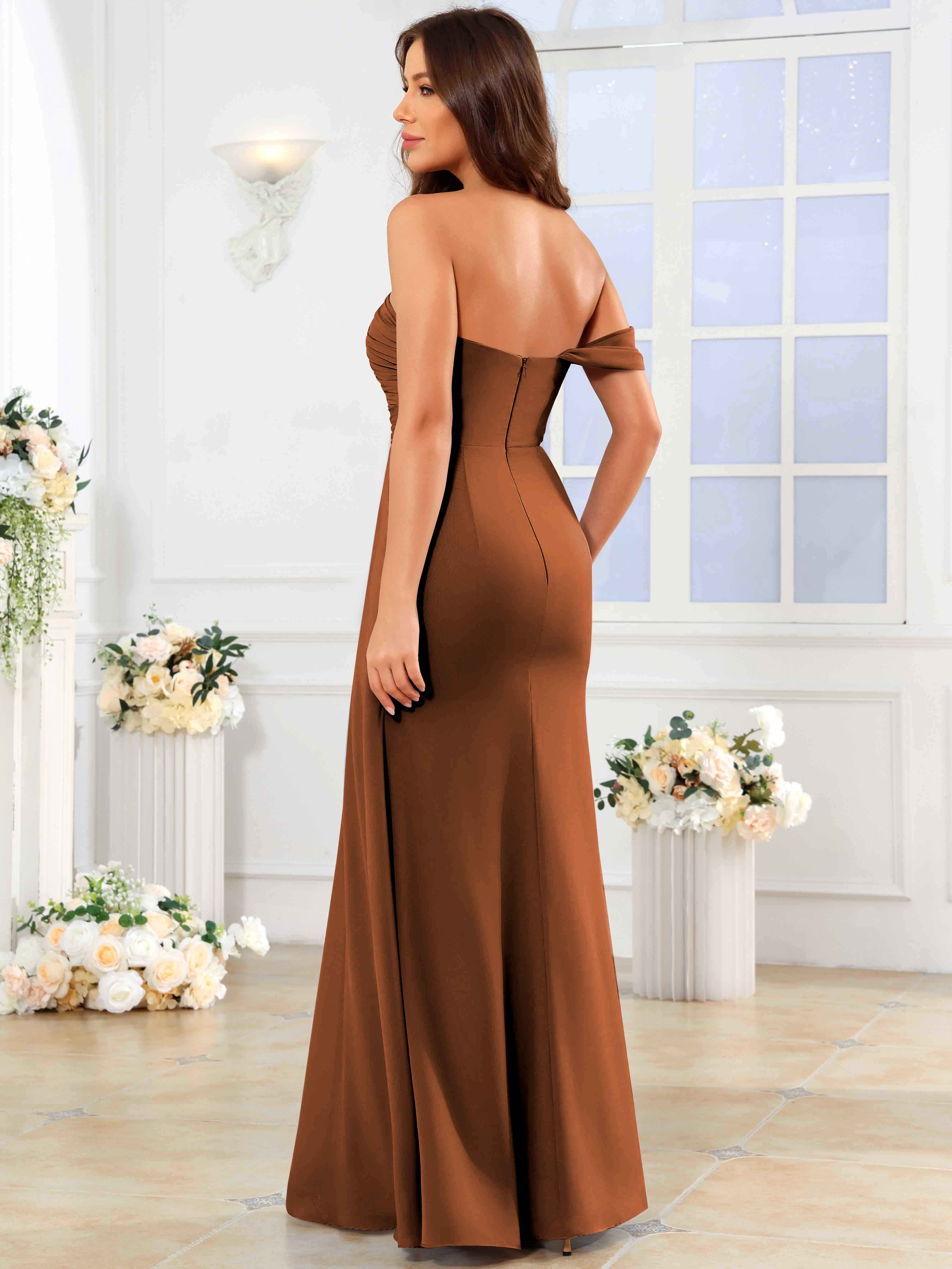 ROVDESY One Shoulder Off The Shoulder Pleated Chiffon Bridesmaid Dress