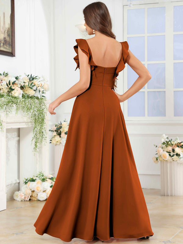 Square Neck Ruffle Chffion Bridesmaid Dress With Slit