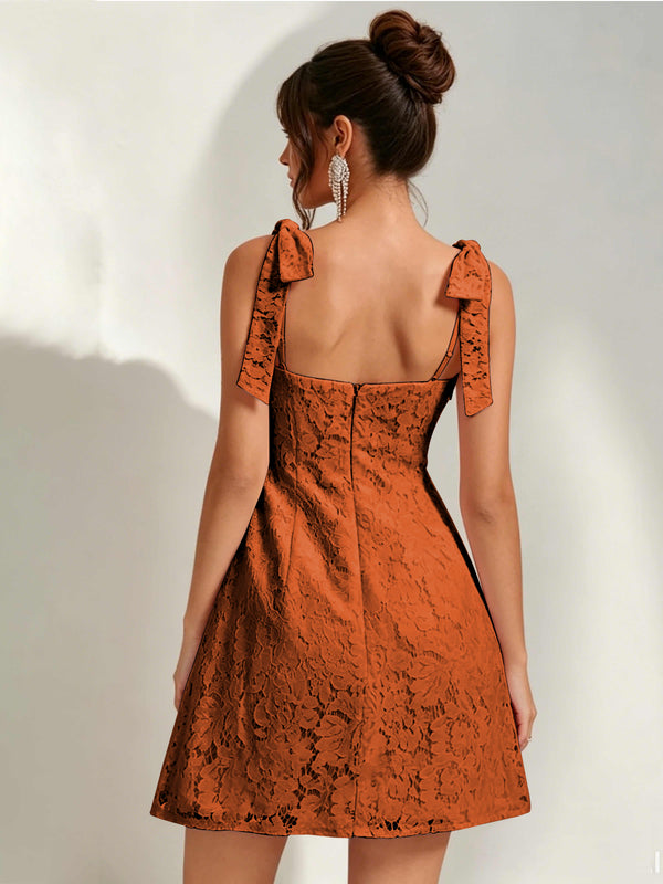 Bow Tie Spaghetti Strap A-Line  Floral Lace Mini Dress