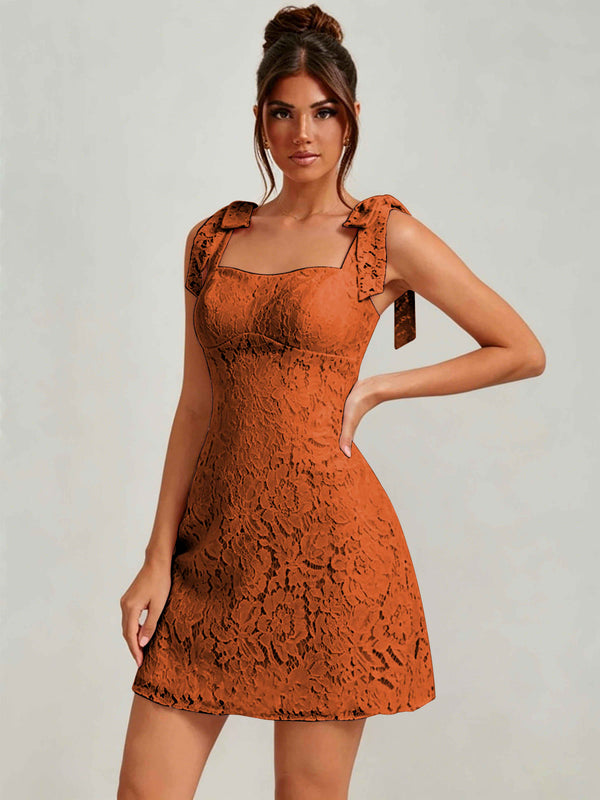 Bow Tie Spaghetti Strap A-Line  Floral Lace Mini Dress