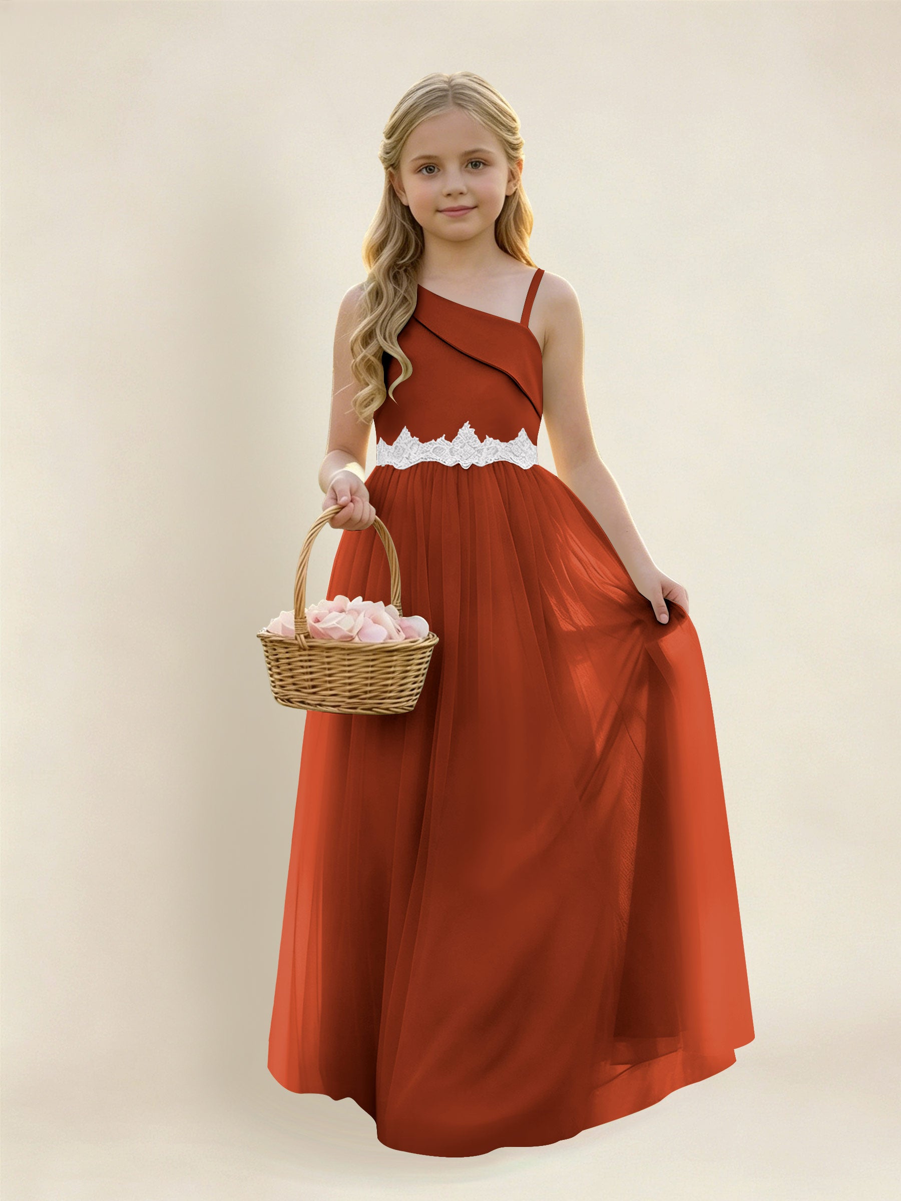 ROVDESY Asymmetric One Shoulder  Satin  Tulle Junior Bridesmaid Dress