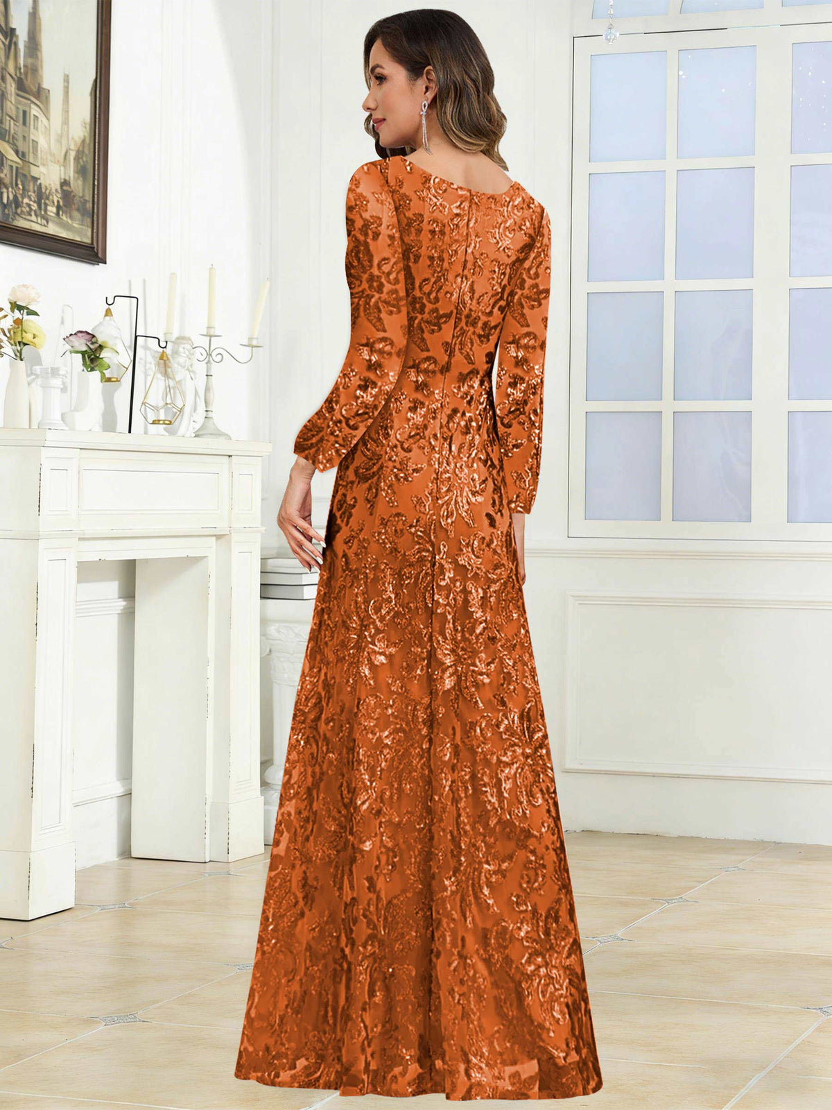 Crew Neck Sequin Lace Long Sleeve Mother of the Bride Dress
