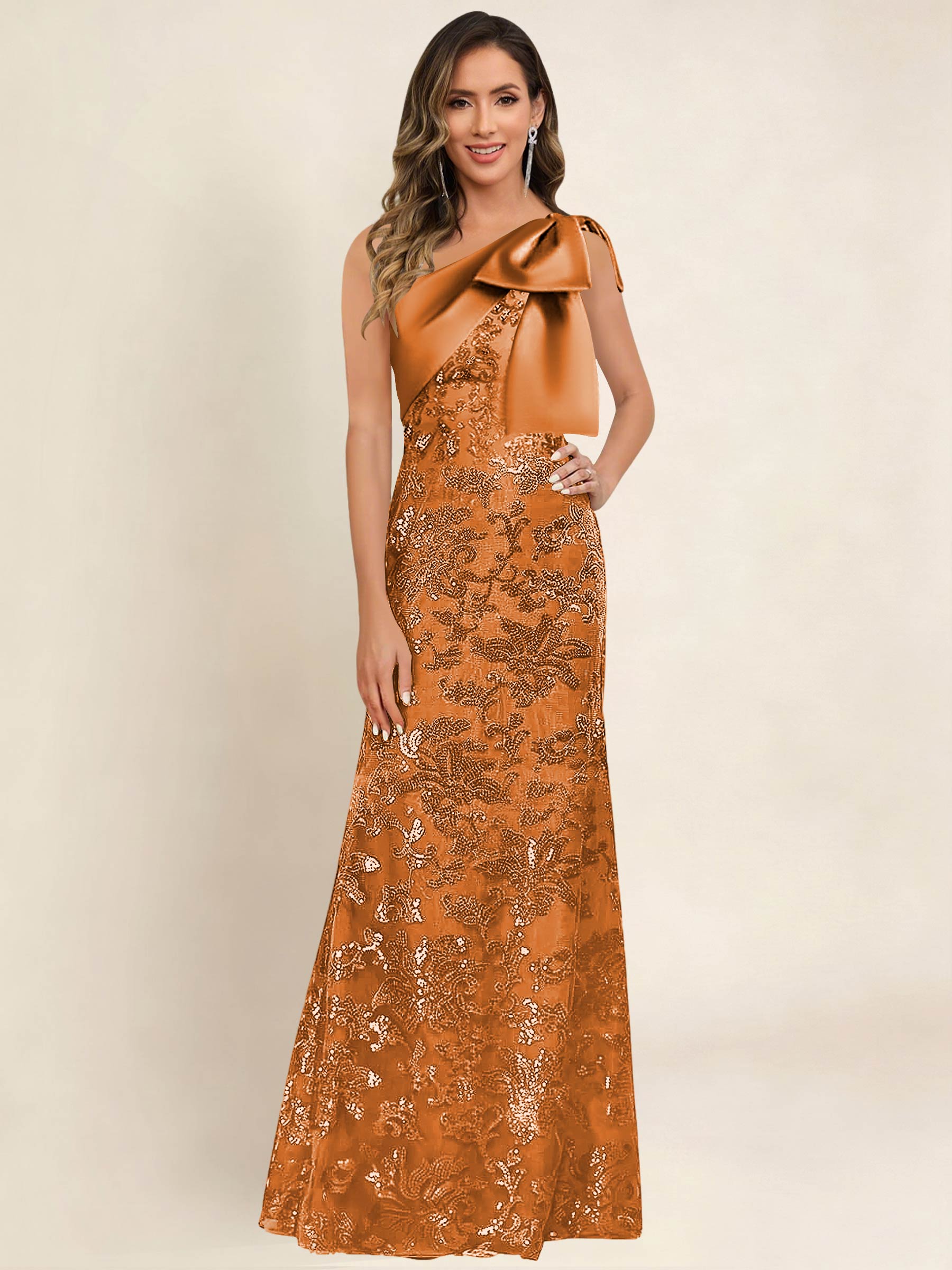ROVDESY One Shoulder Sequin Mermaid Long Mother Of The Bride Dress Formal Gown With Bow