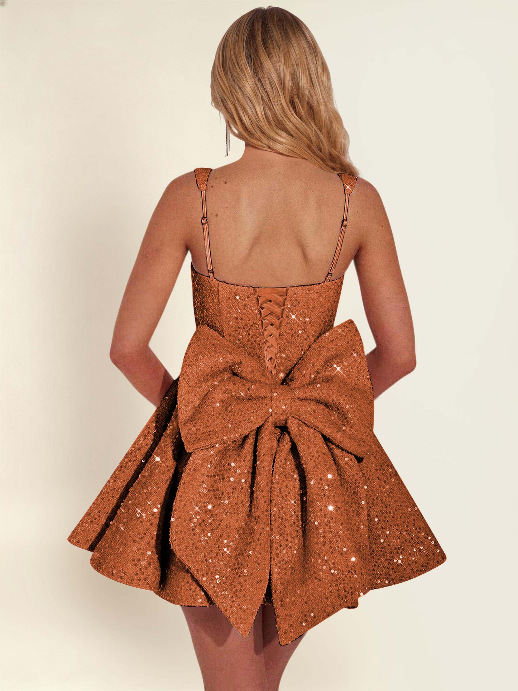 ROVDESY Sparkly Sequin A-Line Square Neck Homecoming Mini Dress With Big Bow