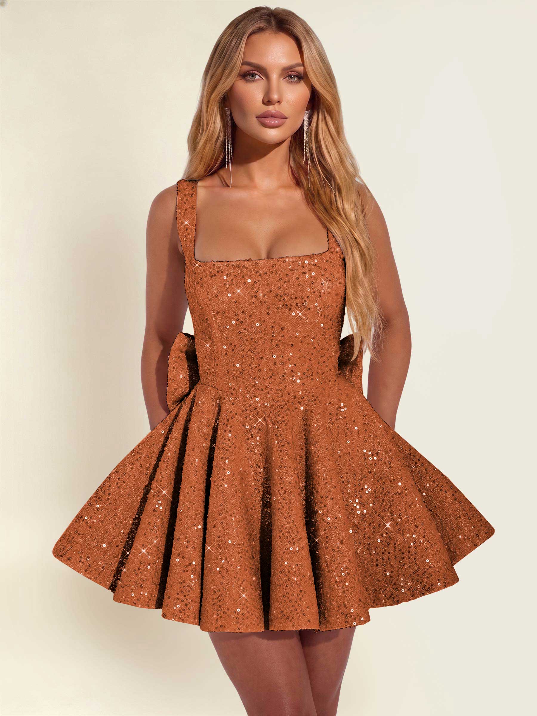 ROVDESY Sparkly Sequin A-Line Square Neck Homecoming Mini Dress With Big Bow