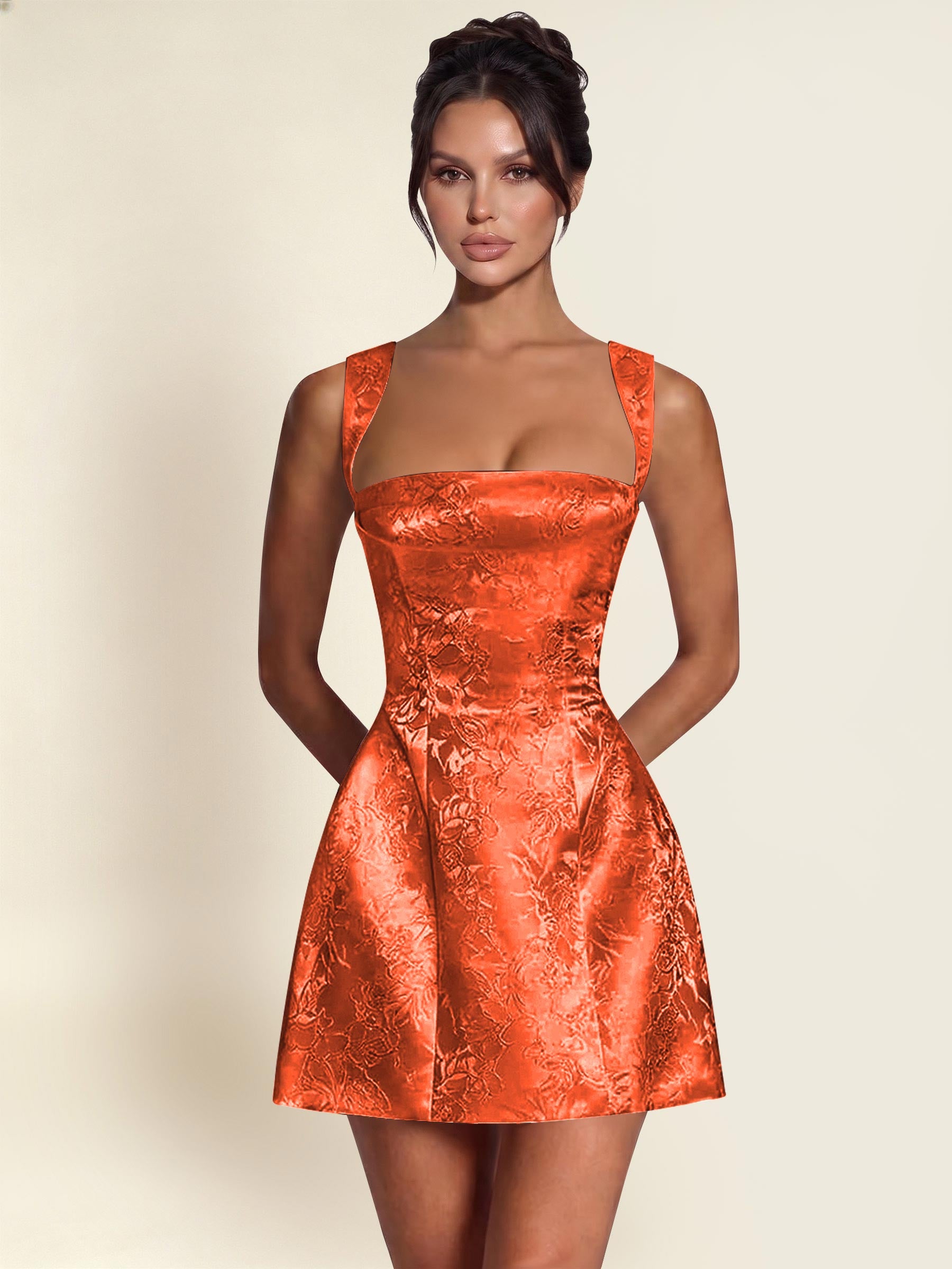 ROVDESY A-Line Square Neck Jacquard Satin Homecoming Mini Dress