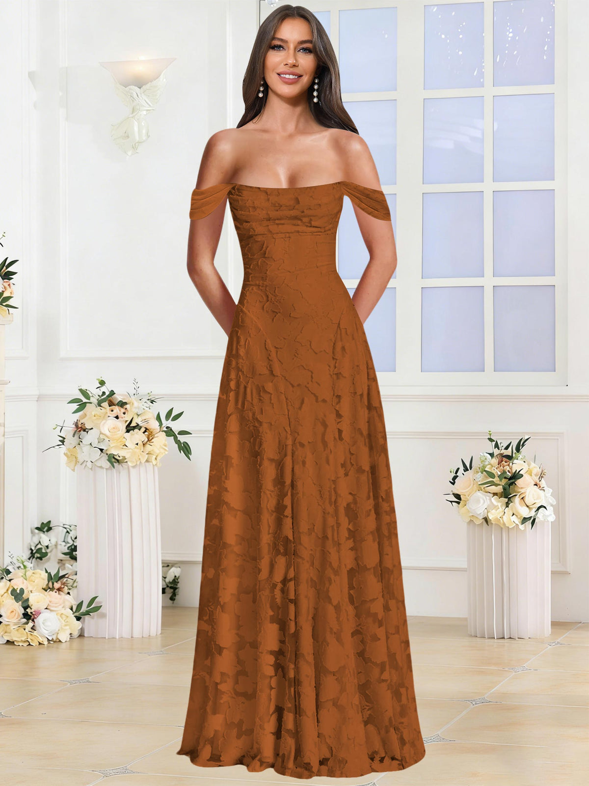 Off the Shoulder Floral Ruched A-line Bridesmaid Dress