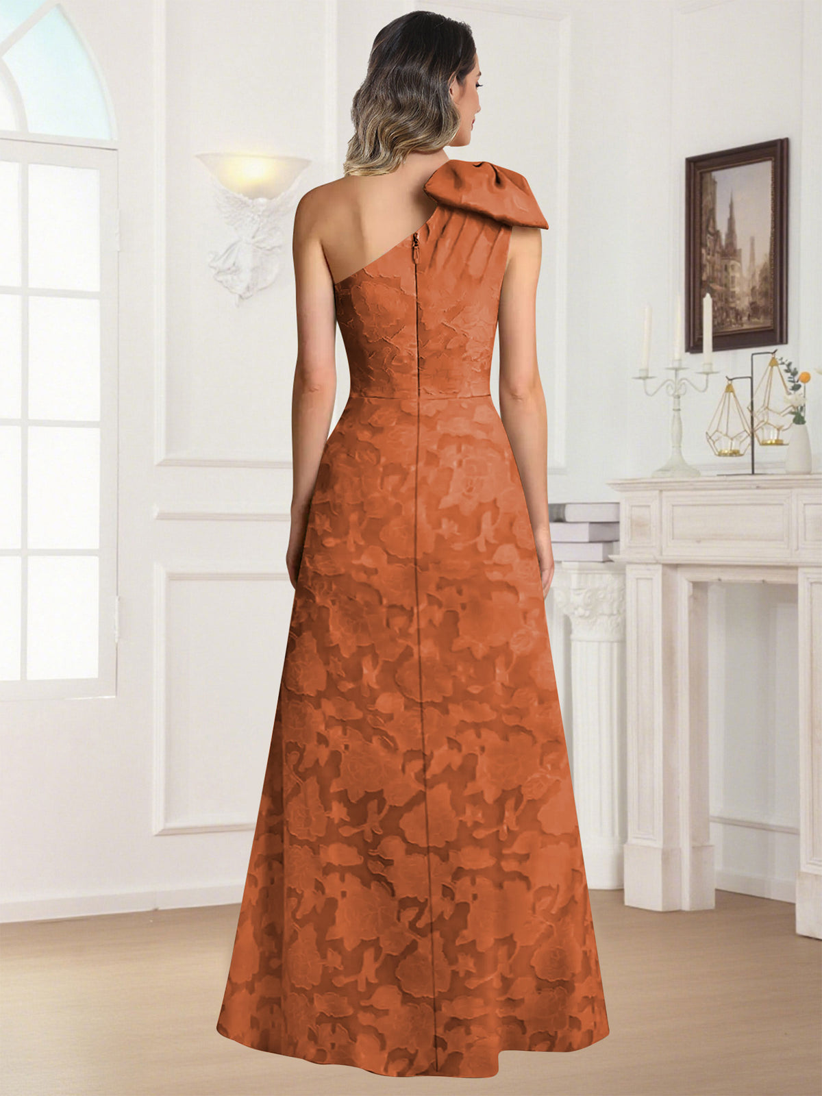 One Shoulder Floral Jacquard Mother of the Bride Dress