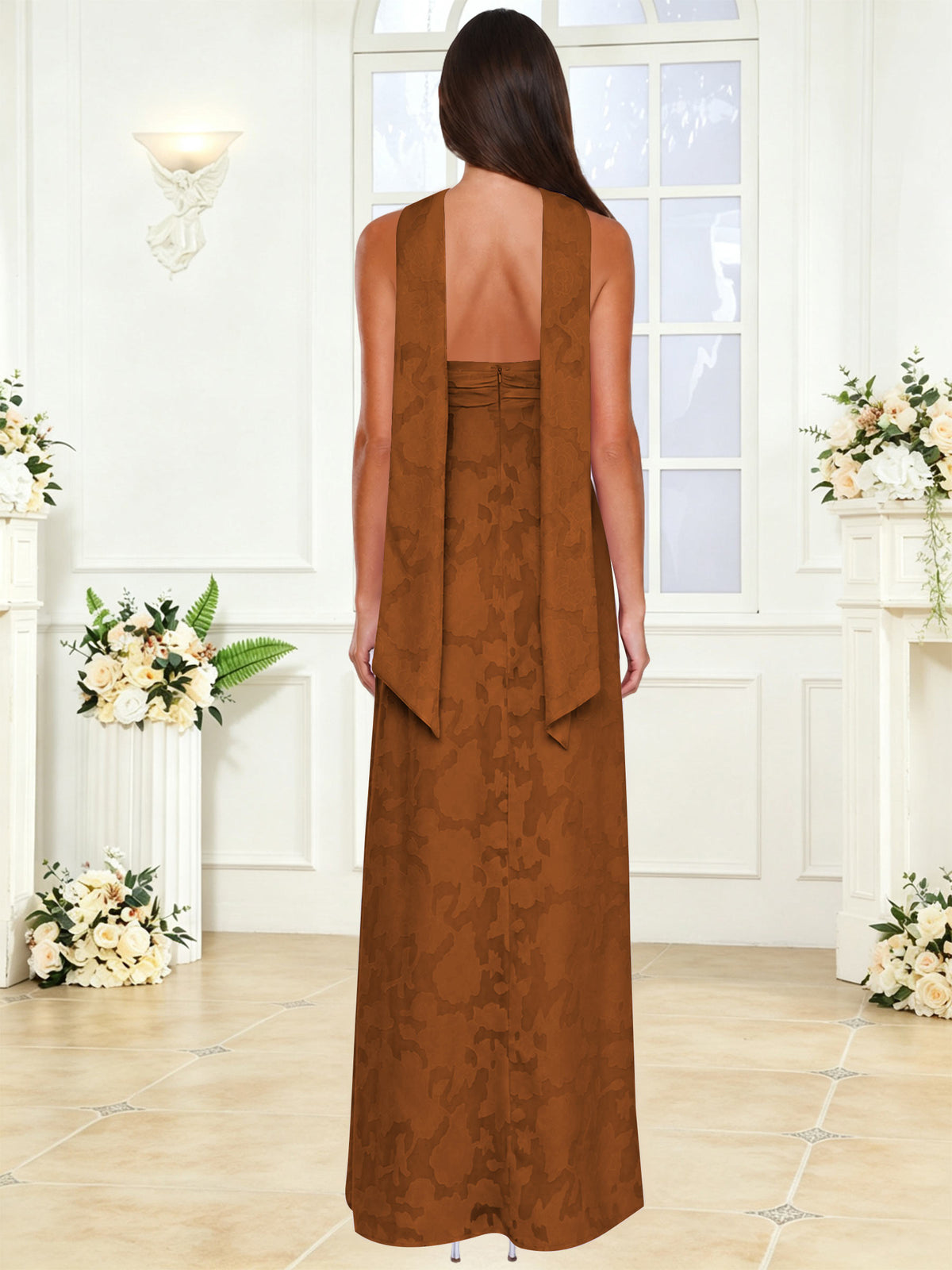 Spaghetti Strap Ruched Floral Jacquard A Line Bridesmaid Dress with Scarf