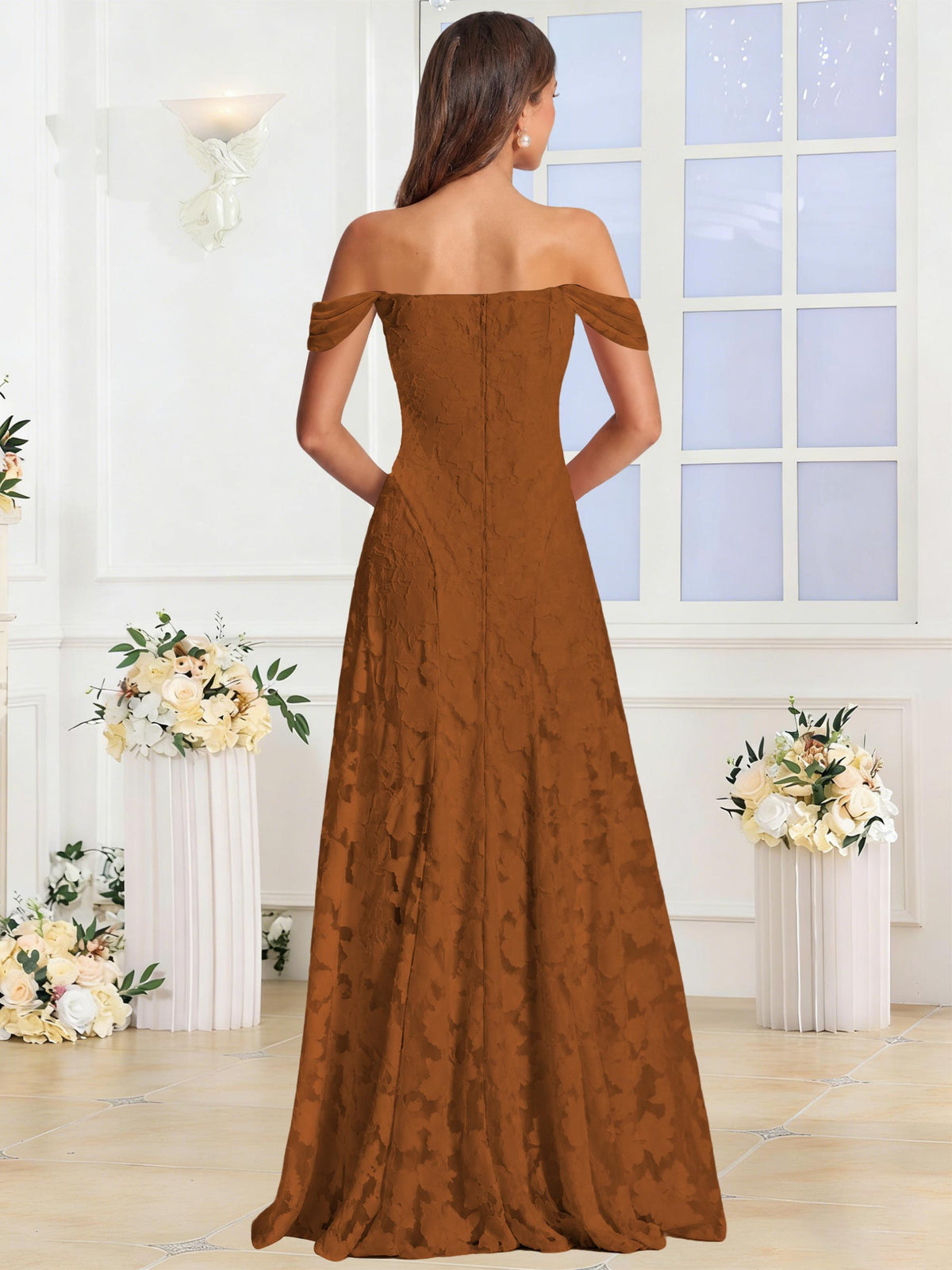 Off the Shoulder Floral Ruched A-line Bridesmaid Dress