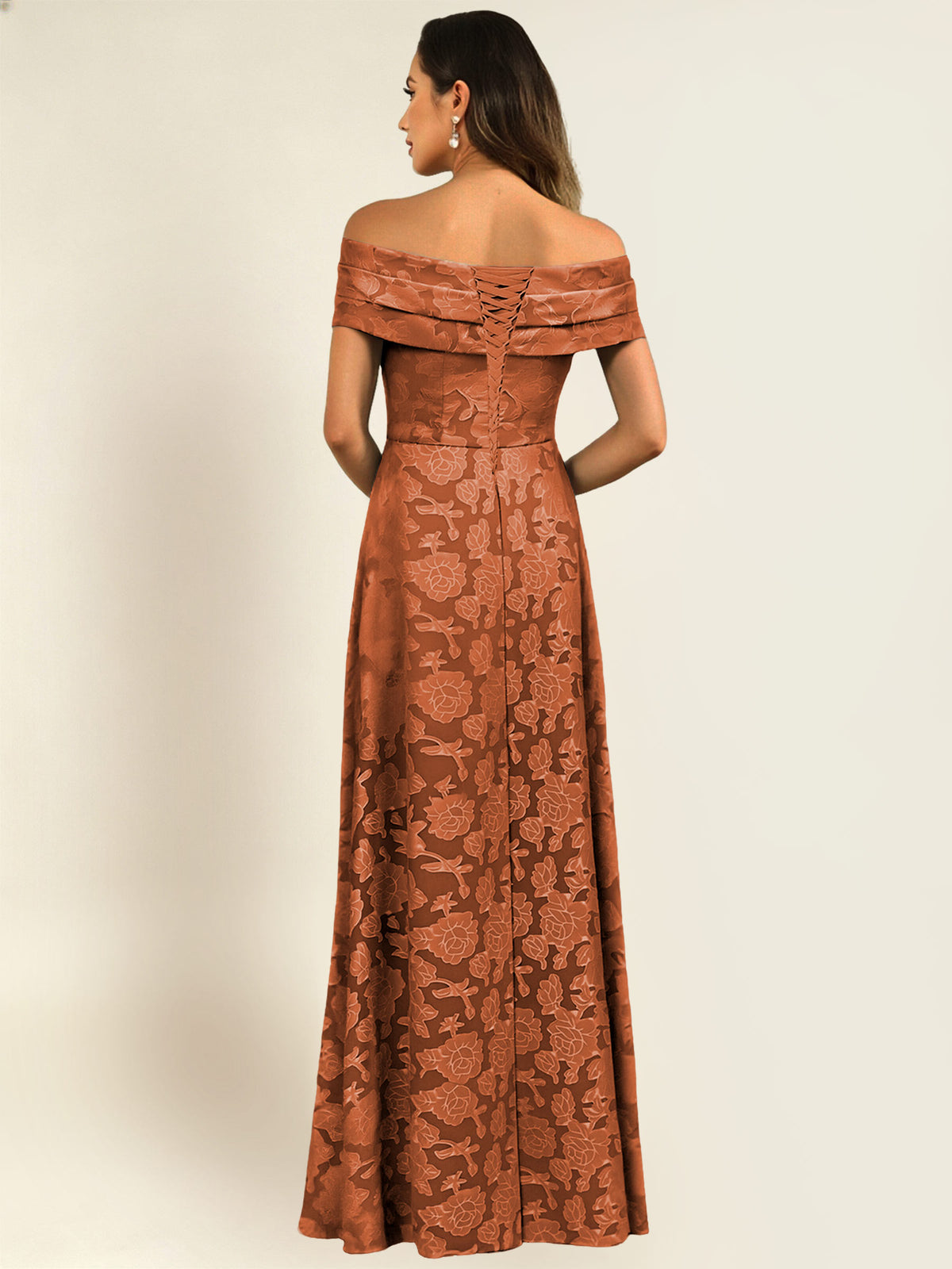 ROVDESY Off the Shoulder Floral Jacquard A-Line Long Mother of the Bride Dress