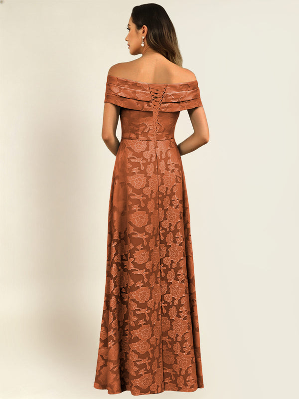 Off the Shoulder Floral Jacquard A-Line Long Mother of the Bride Dress