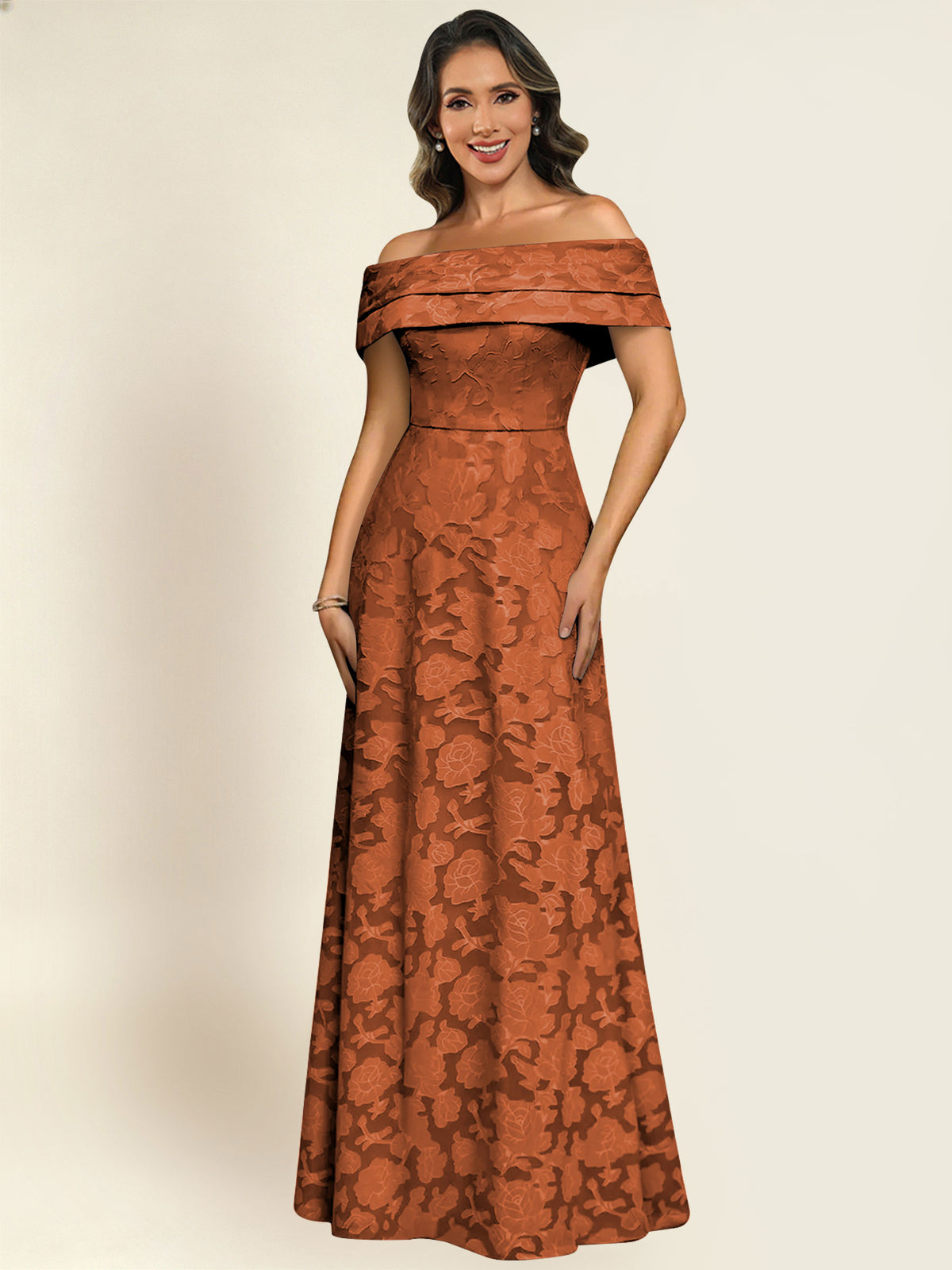 ROVDESY Off the Shoulder Floral Jacquard A-Line Long Mother of the Bride Dress