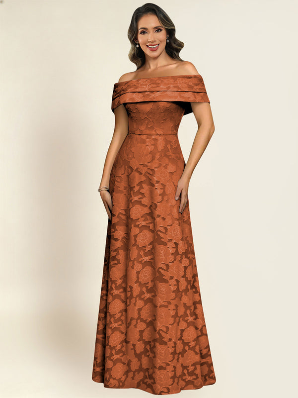 Off the Shoulder Floral Jacquard A-Line Long Mother of the Bride Dress