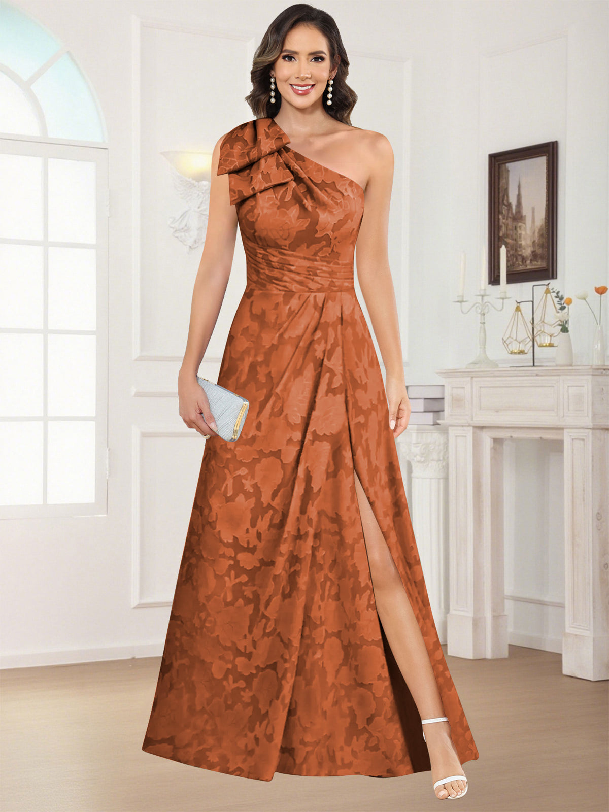 One Shoulder Floral Jacquard Mother of the Bride Dress