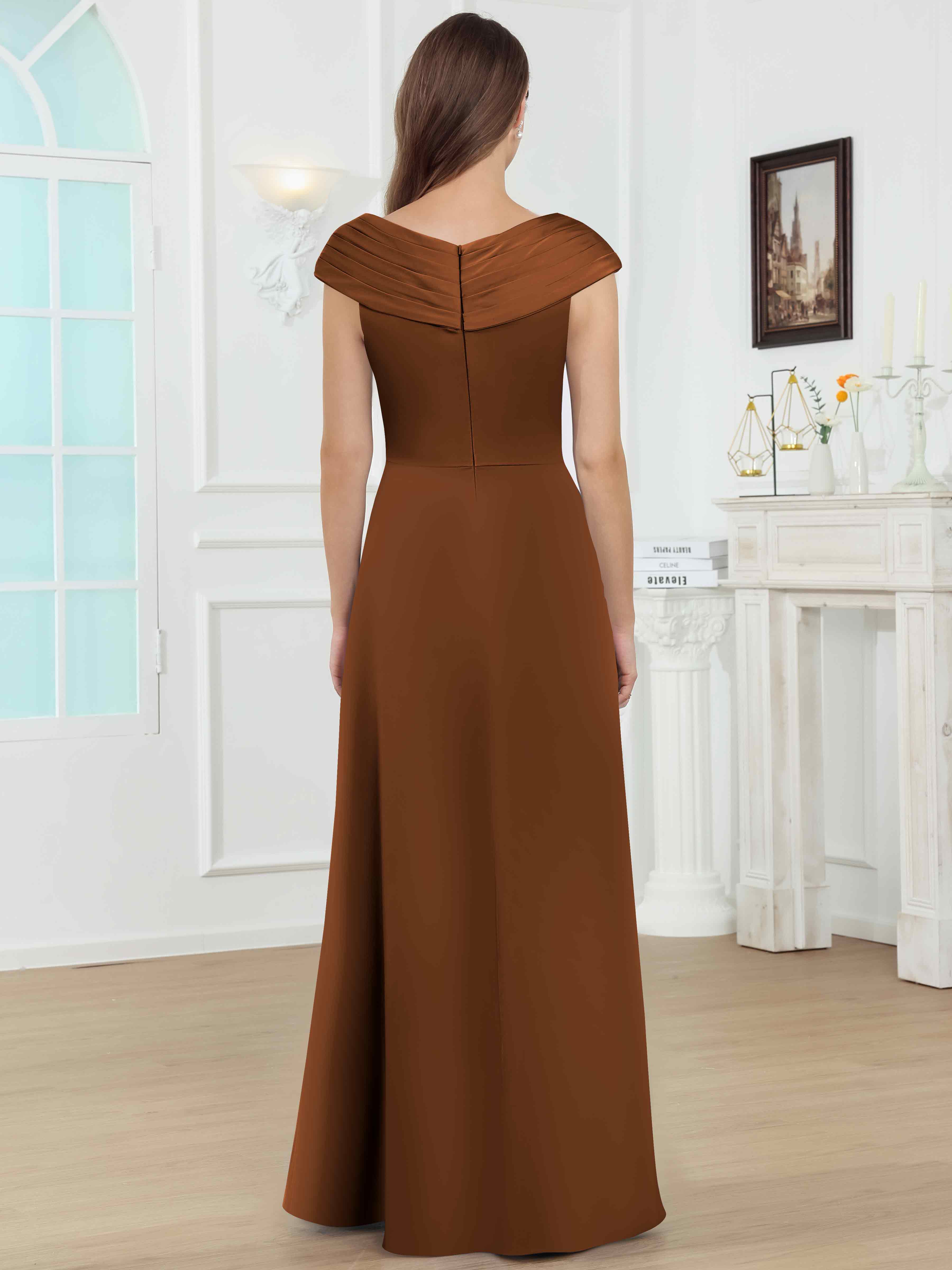 ROVDESY V-Neck Off The Shoulder Pleated Satin Mother Of The Bride Dress With Slit