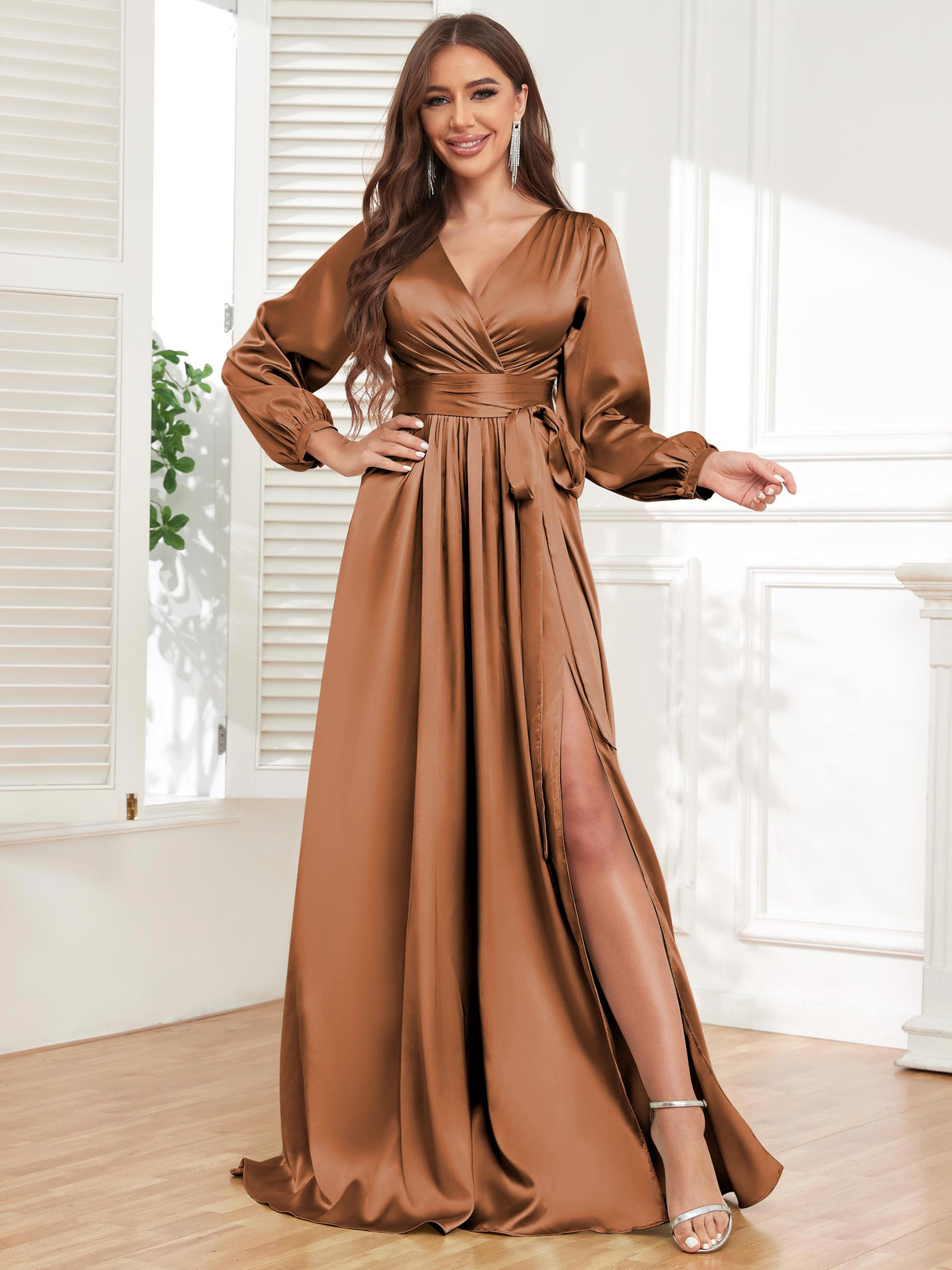 V Neck Satin Long Sleeve Bridesmaid Dress with Slit