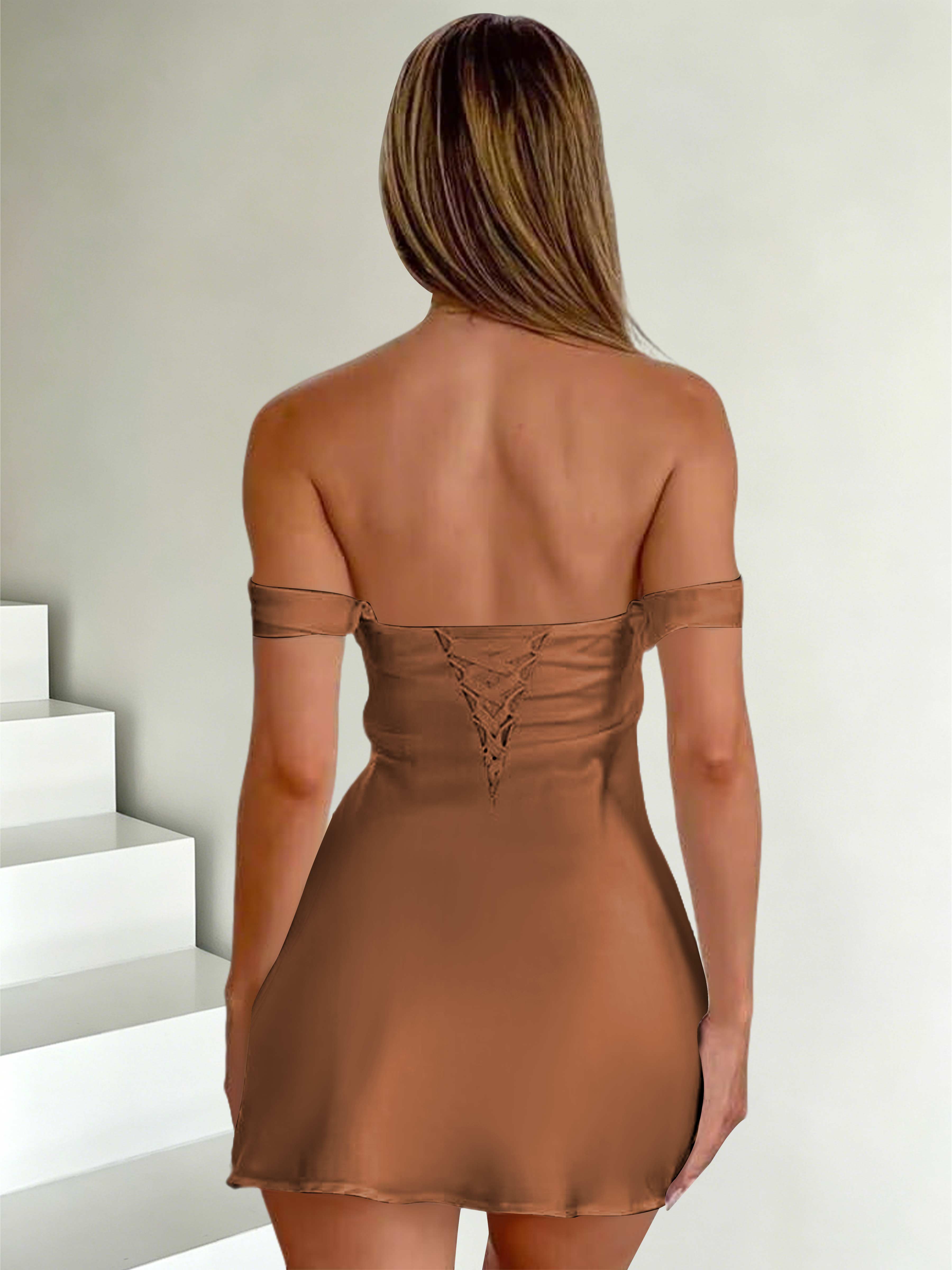 ROVDESY Off The Shoulder A-Line Pleated Satin Homecoming Mini Dress