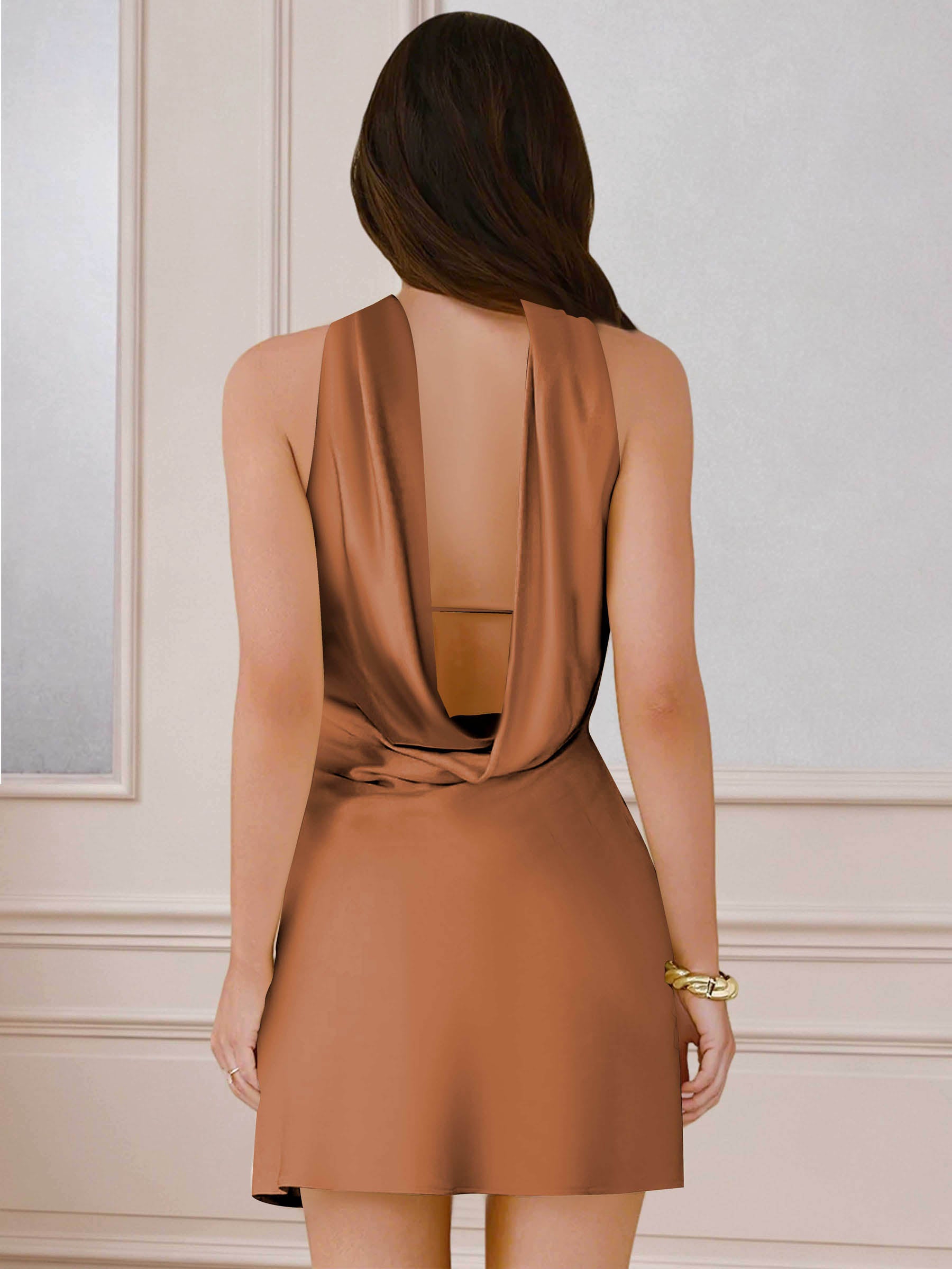 ROVDESY A-Line Halter Neck Satin Homecoming Mini Dress