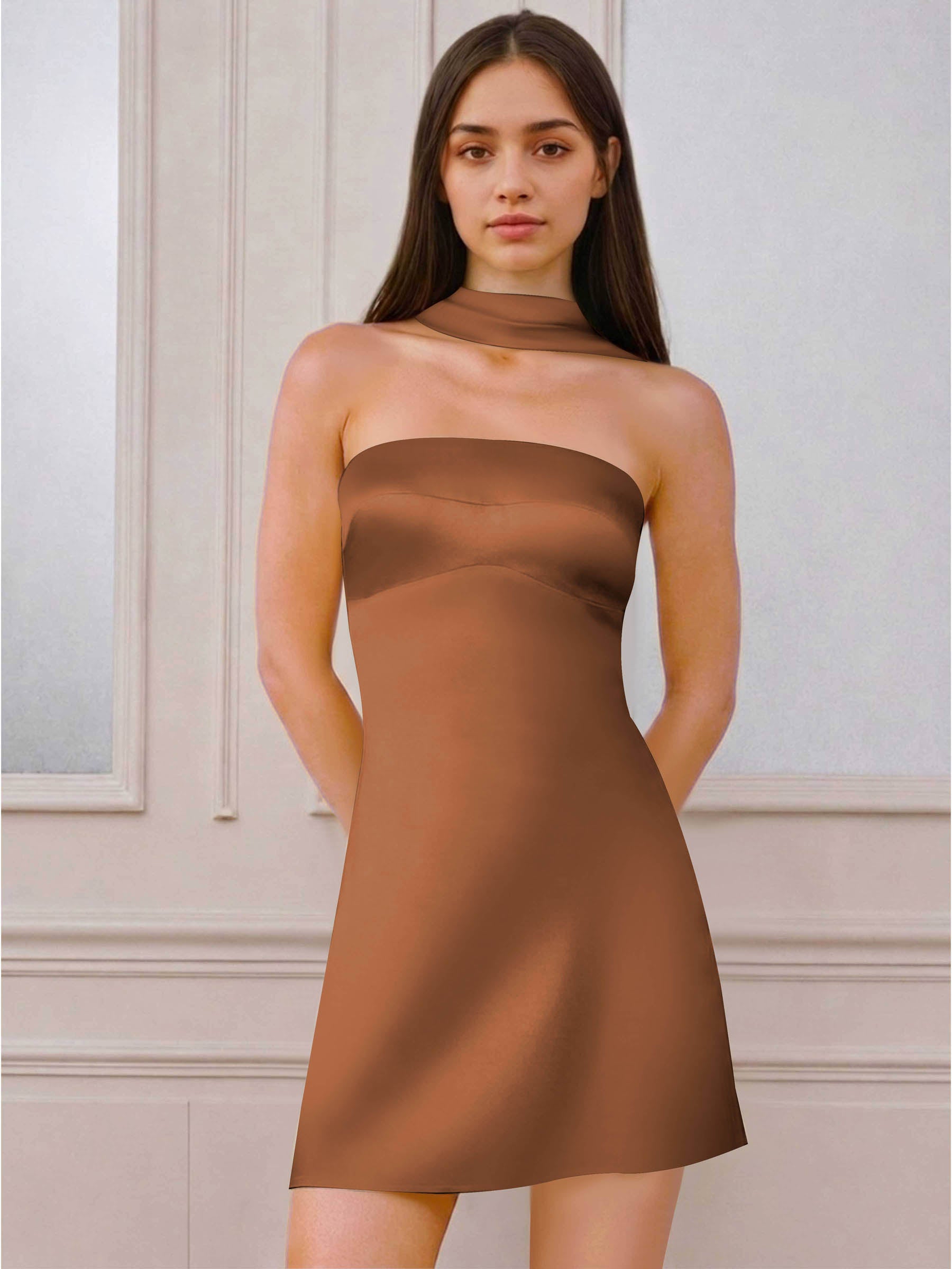 ROVDESY A-Line Halter Neck Satin Homecoming Mini Dress
