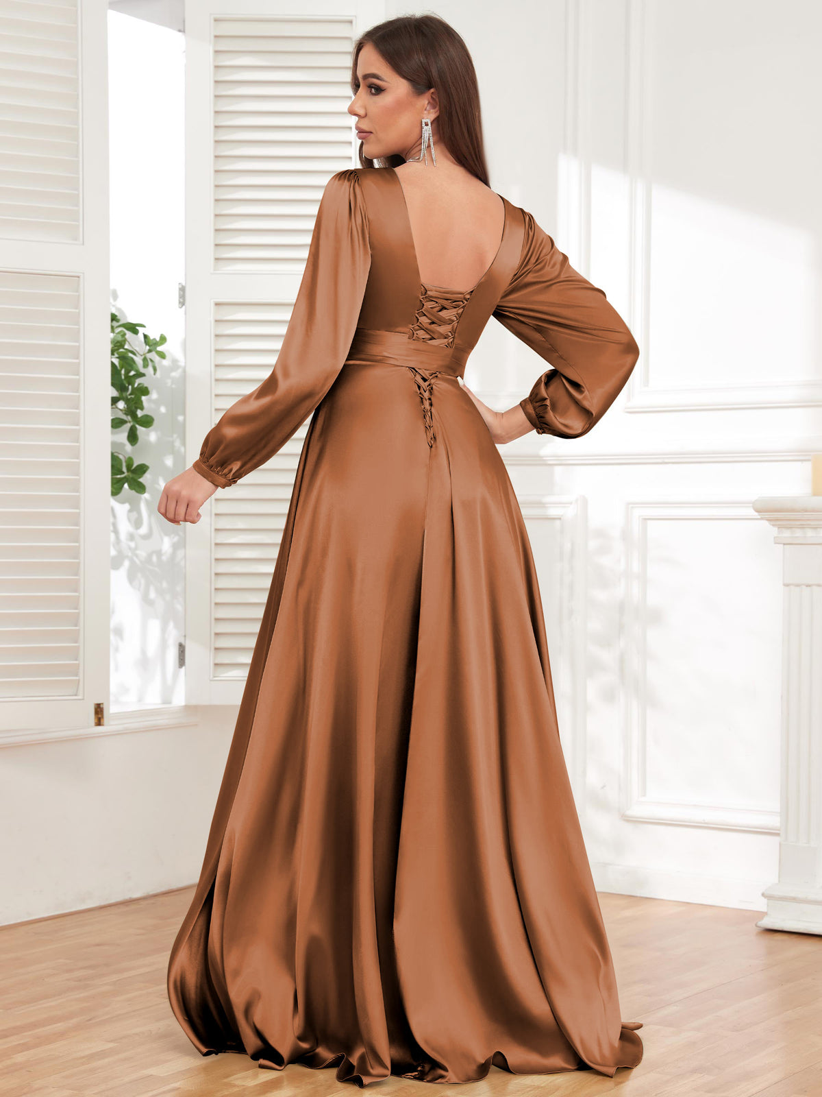 V Neck Satin Long Sleeve Bridesmaid Dress with Slit