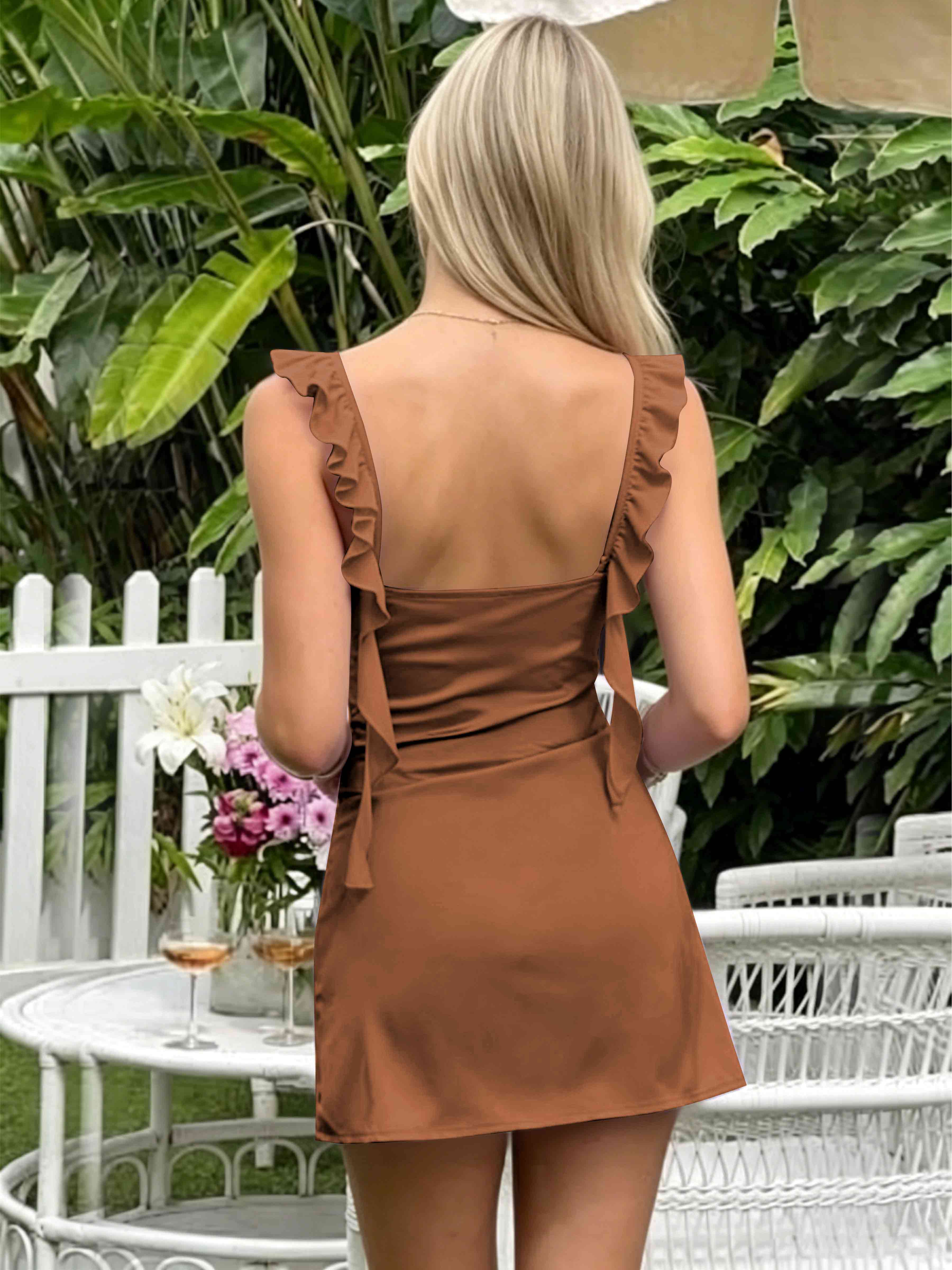 ROVDESY A-Line Ruffle Strap Satin Homecoming Mini Dress
