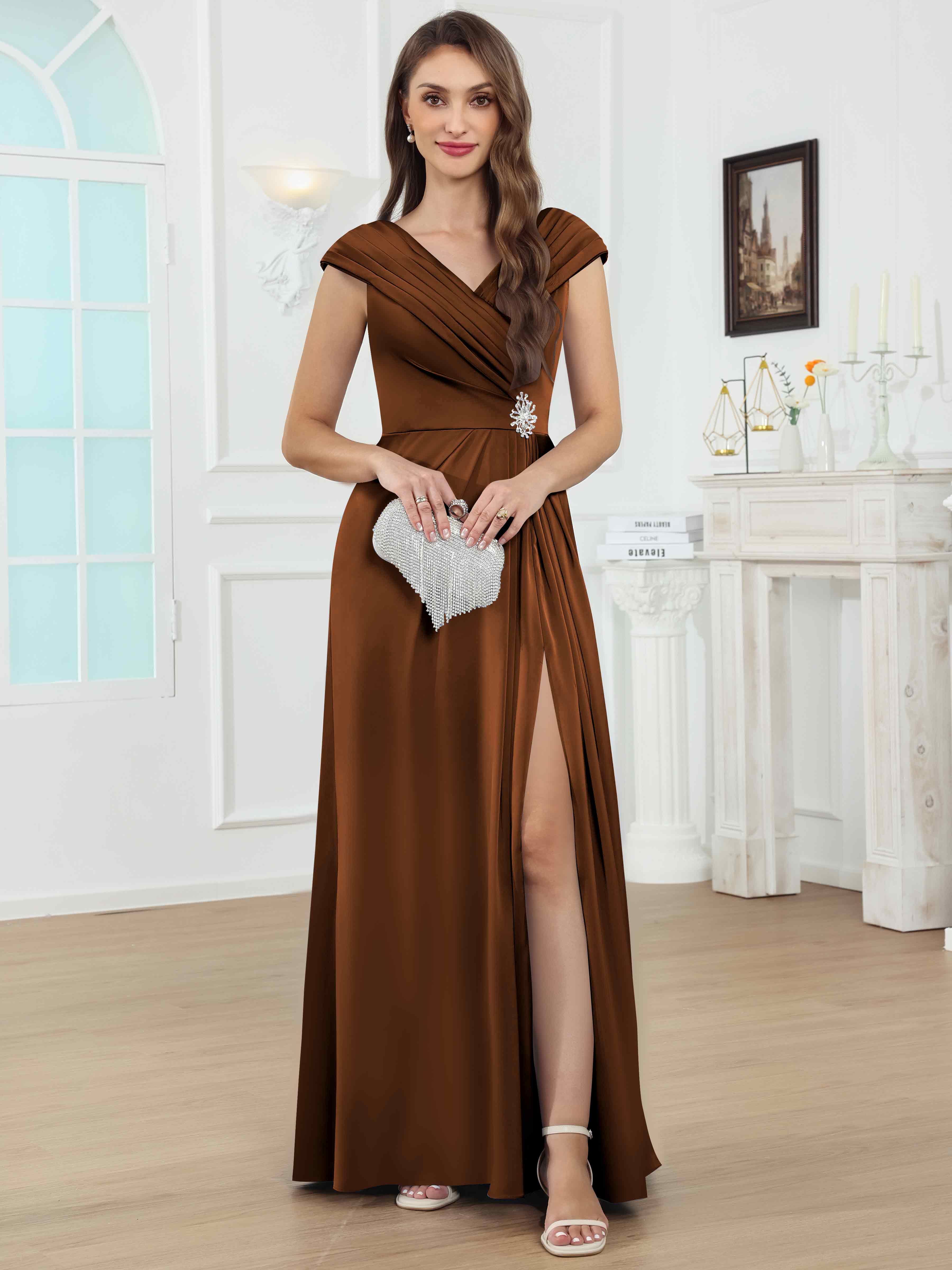 ROVDESY V-Neck Off The Shoulder Pleated Satin Mother Of The Bride Dress With Slit