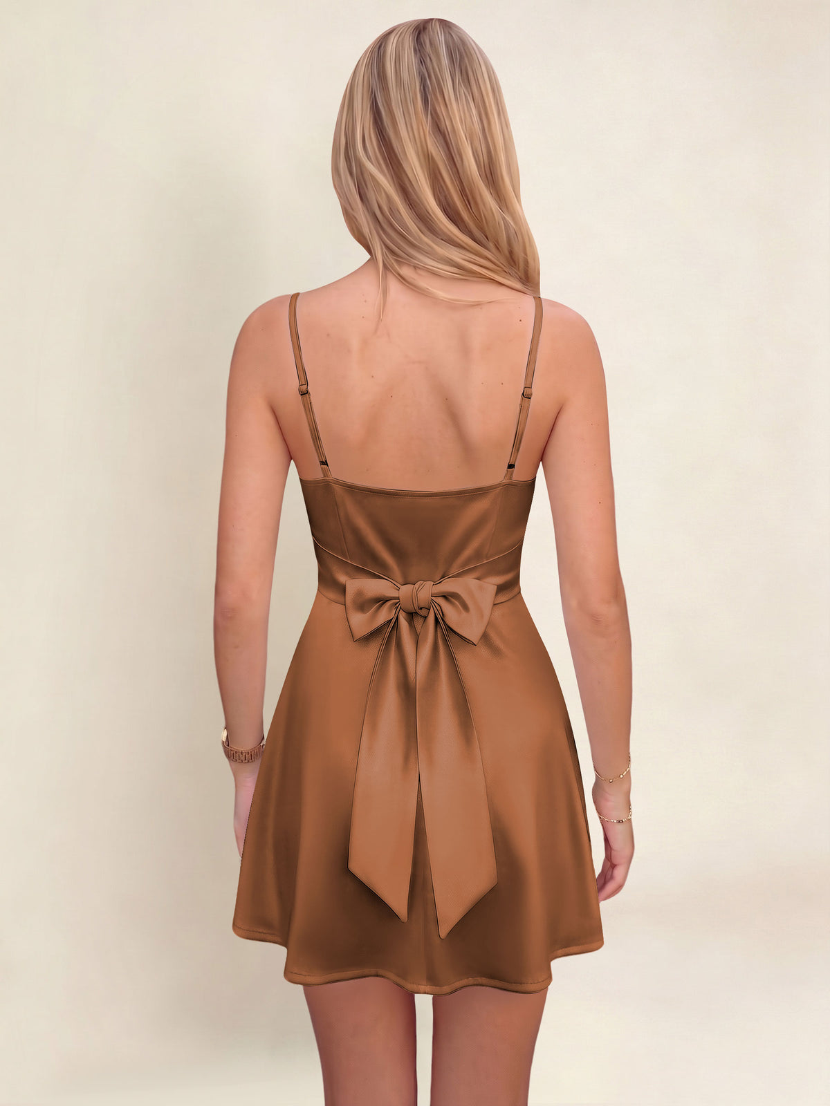 ROVDESY A-Line Spaghetti Strap Cowl Neck Satin Mini Homecoming Dress With Bow