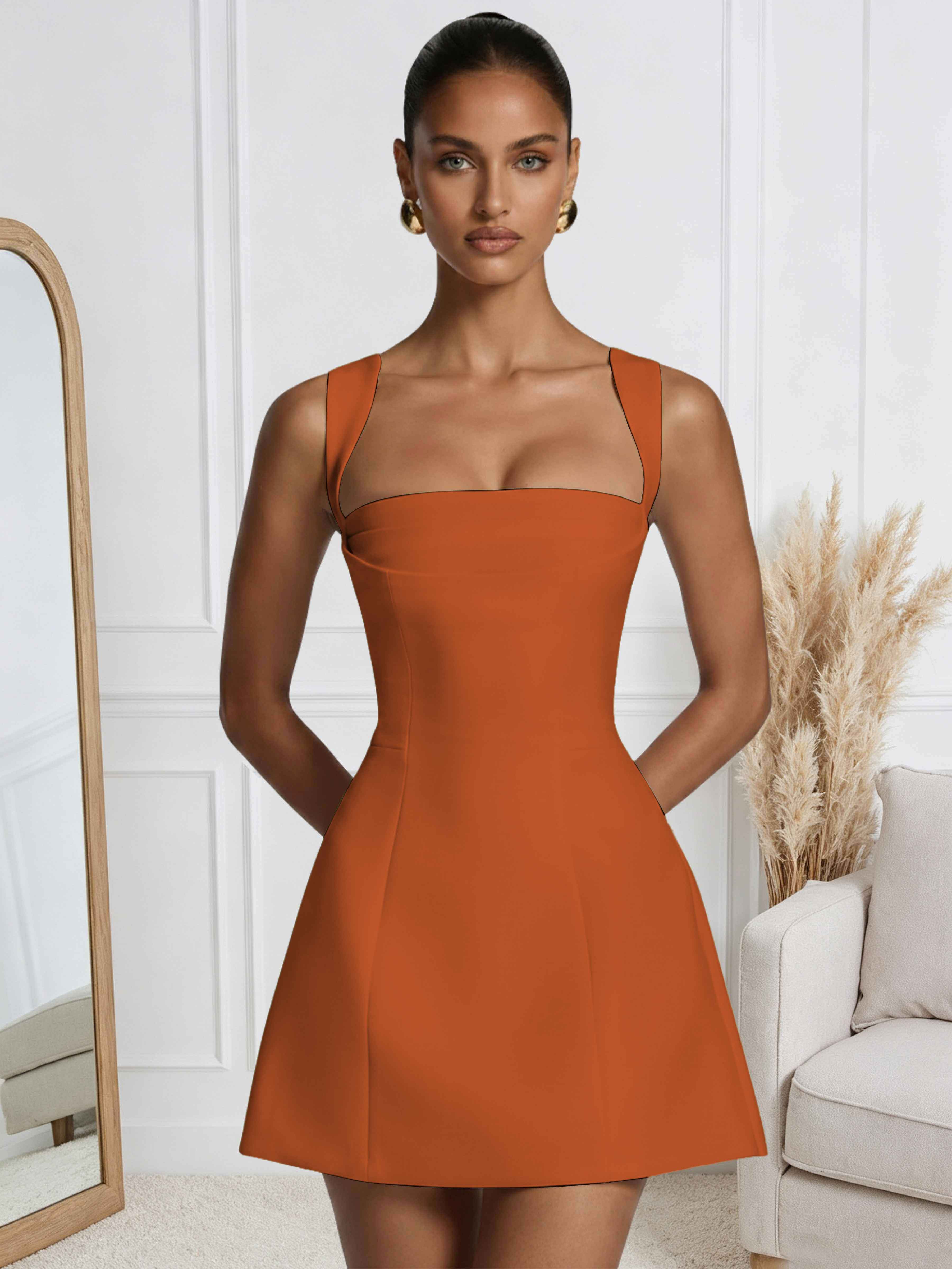 ROVDESY A-Line Square Neck Satin Homecoming Mini Dress