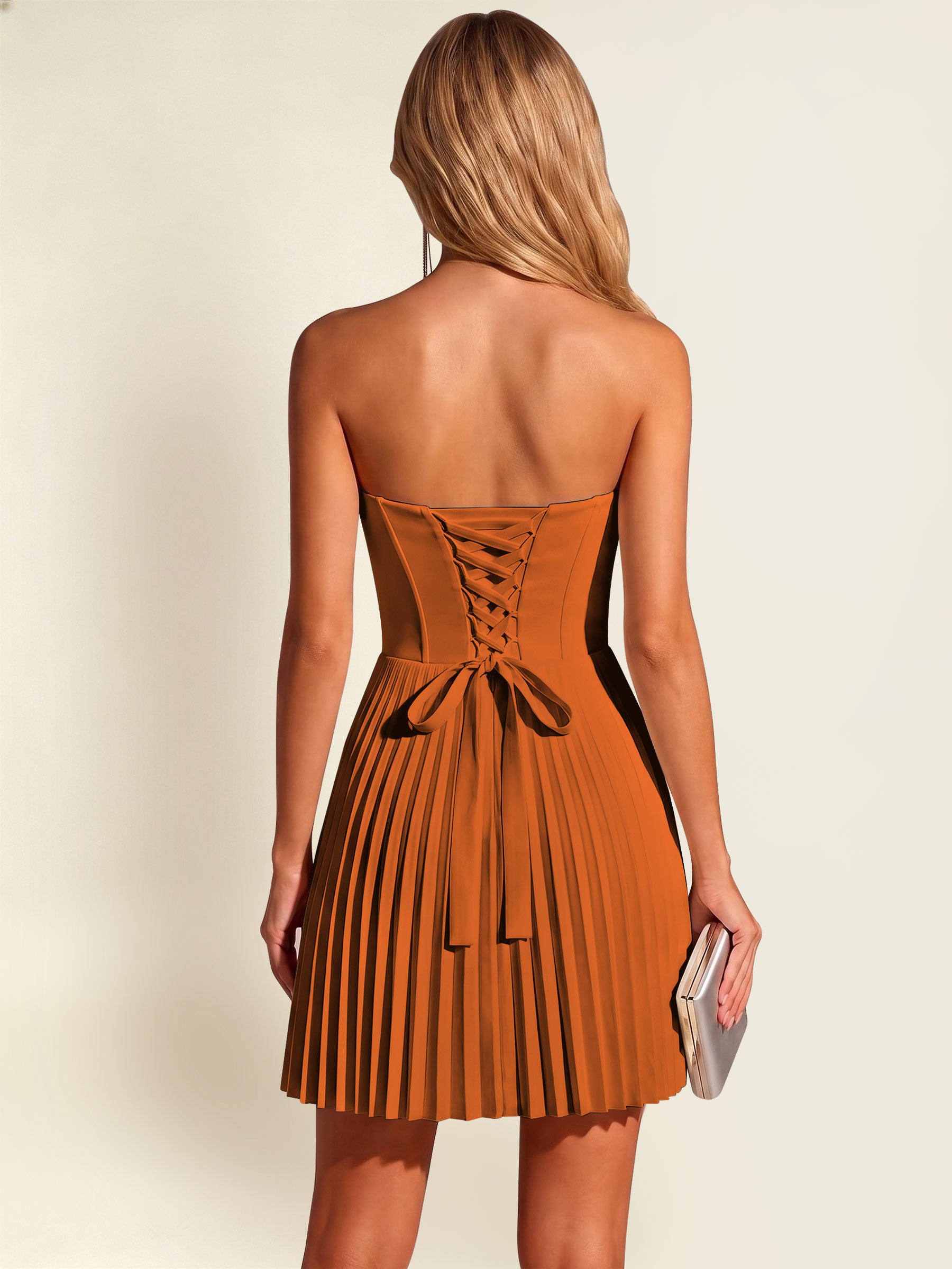 ROVDESY A-Line Strapless Pleated Satin Homecoming Mini Dress