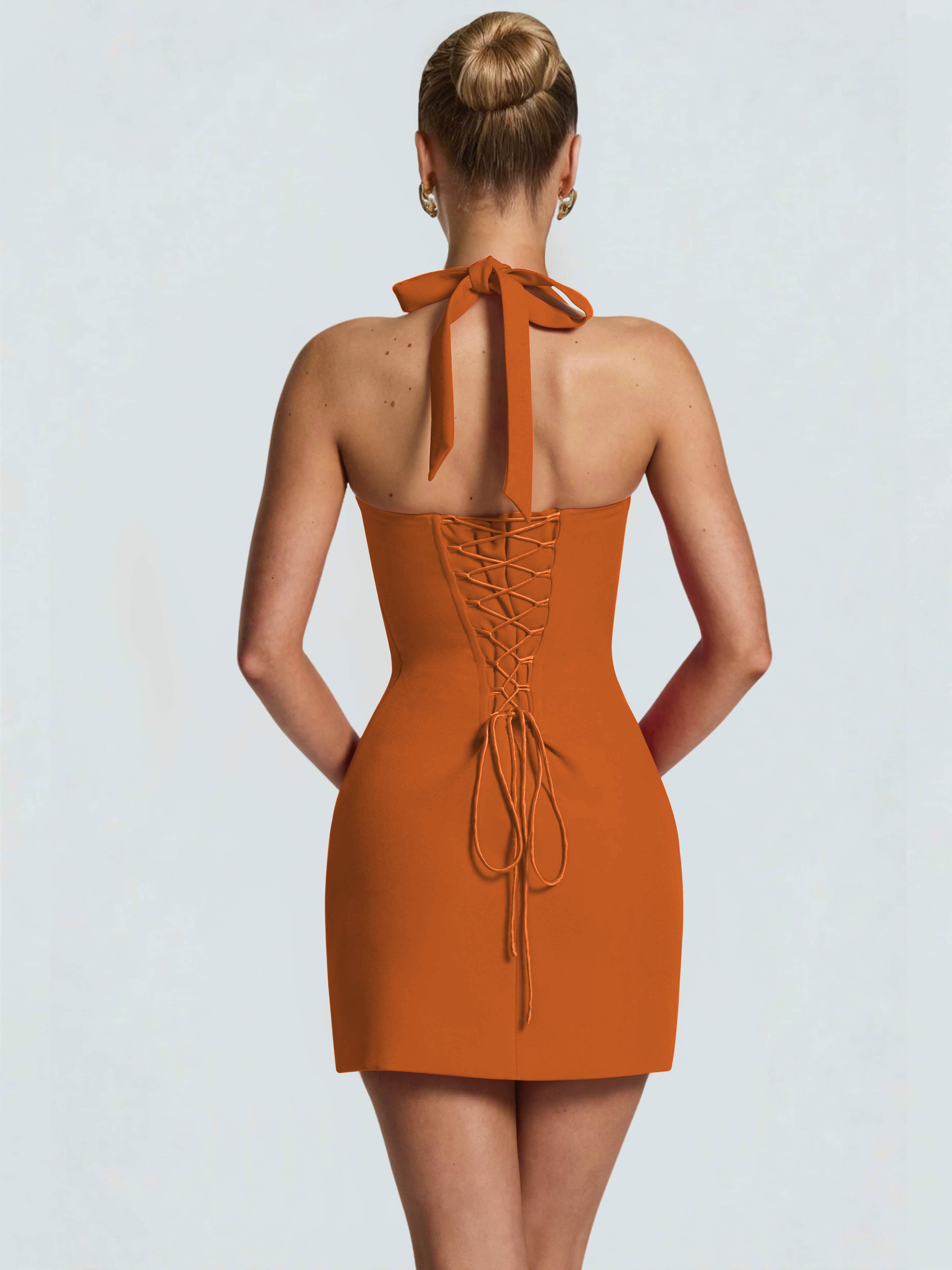 ROVDESY Halter Lace Satin Tight Homecoming Mini Dress
