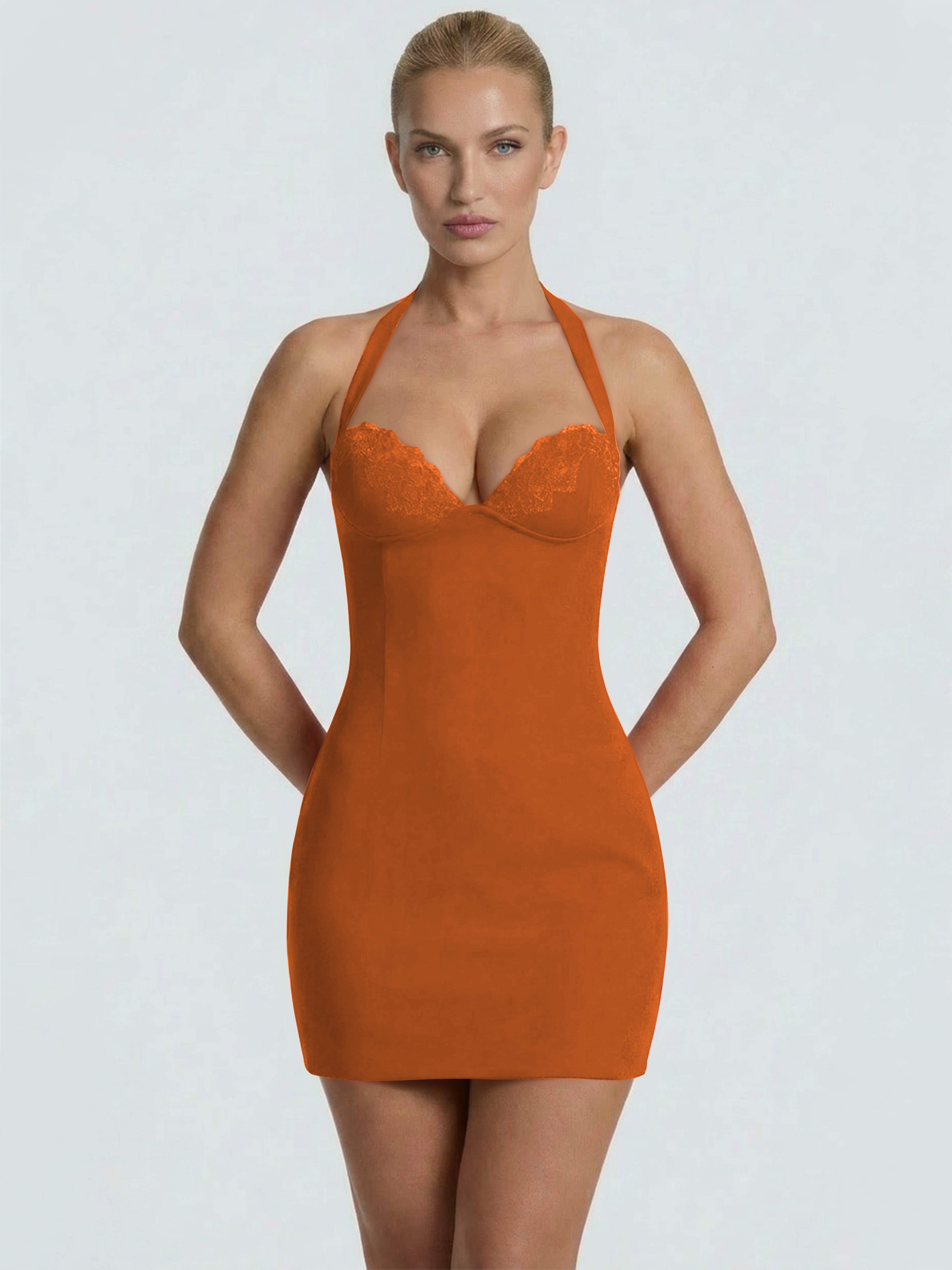 ROVDESY Halter Lace Satin Tight Homecoming Mini Dress