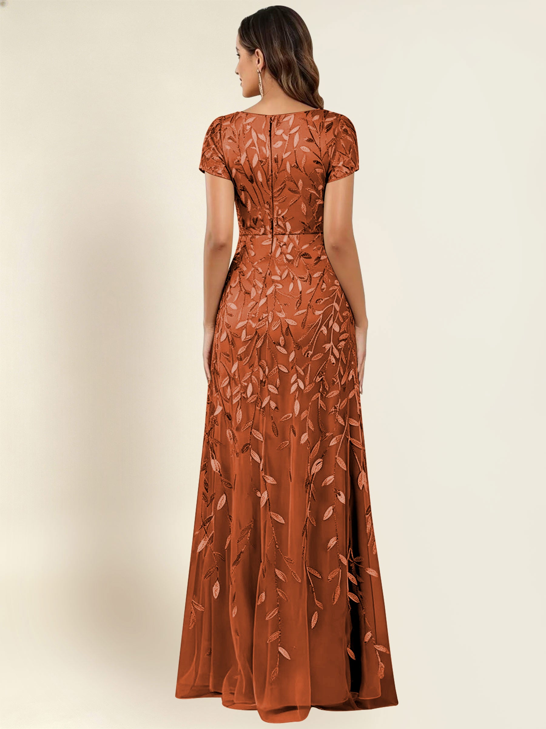 ROVDESY Sequin Mermaid Long Mother Of The Bride Dress With Short Sleeves Formal Gown