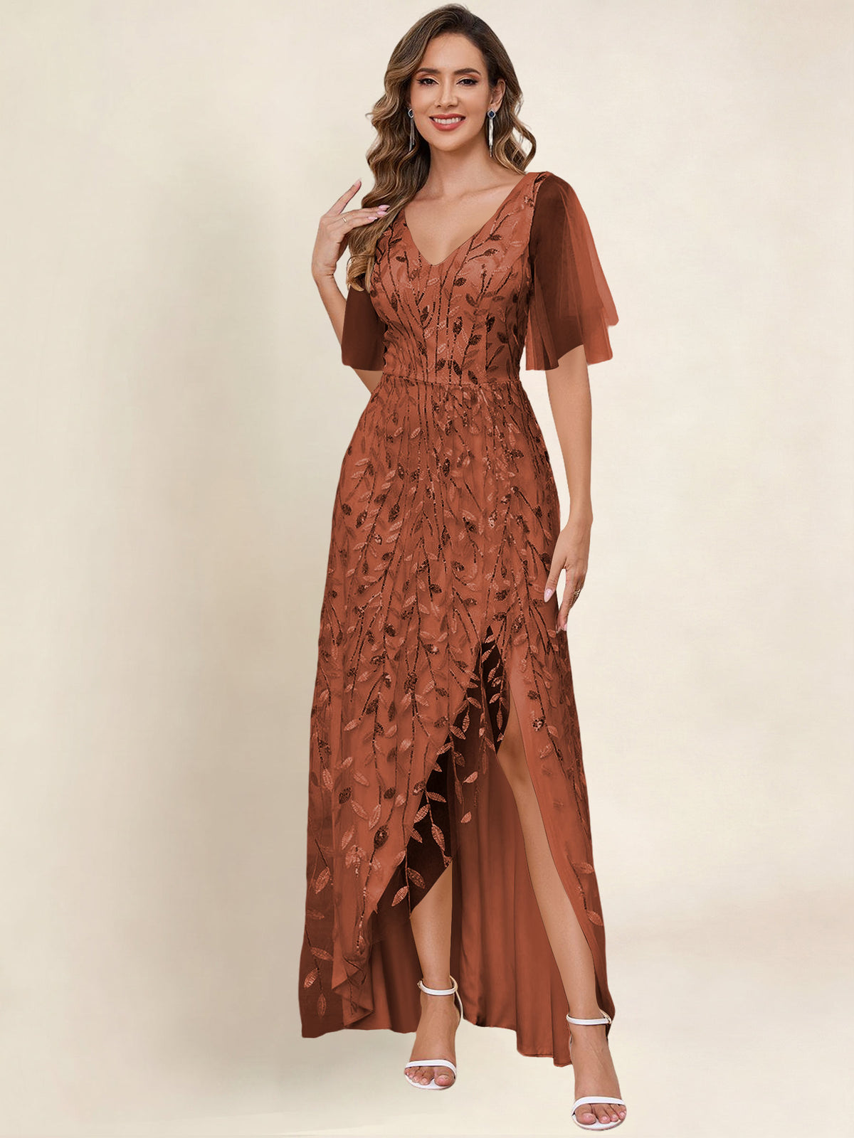 V Neck Sequin Tulle A Line Mother of the Bride Dress with Sleeves