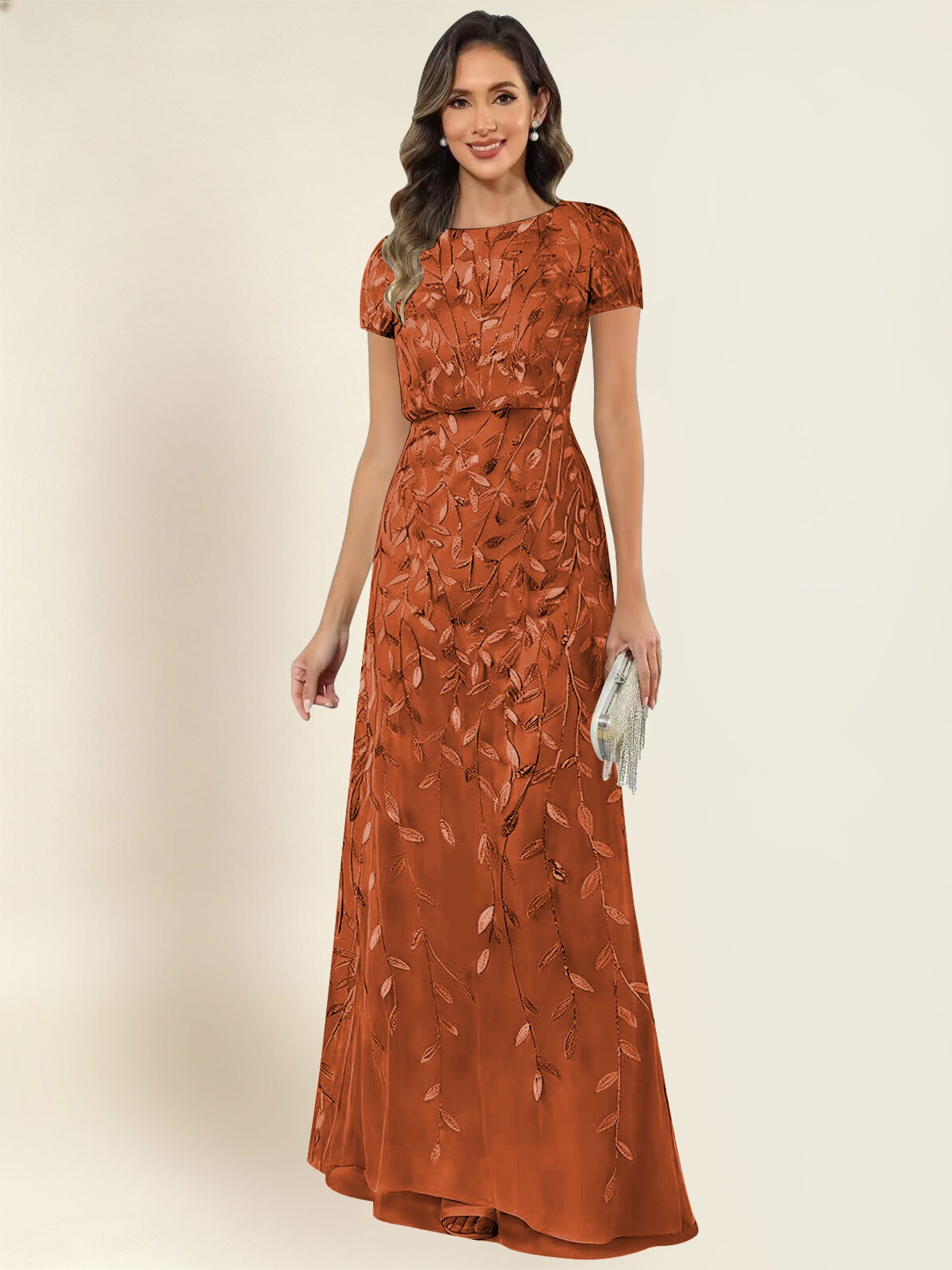 ROVDESY Sequin Mermaid Long Mother Of The Bride Dress With Short Sleeves Formal Gown