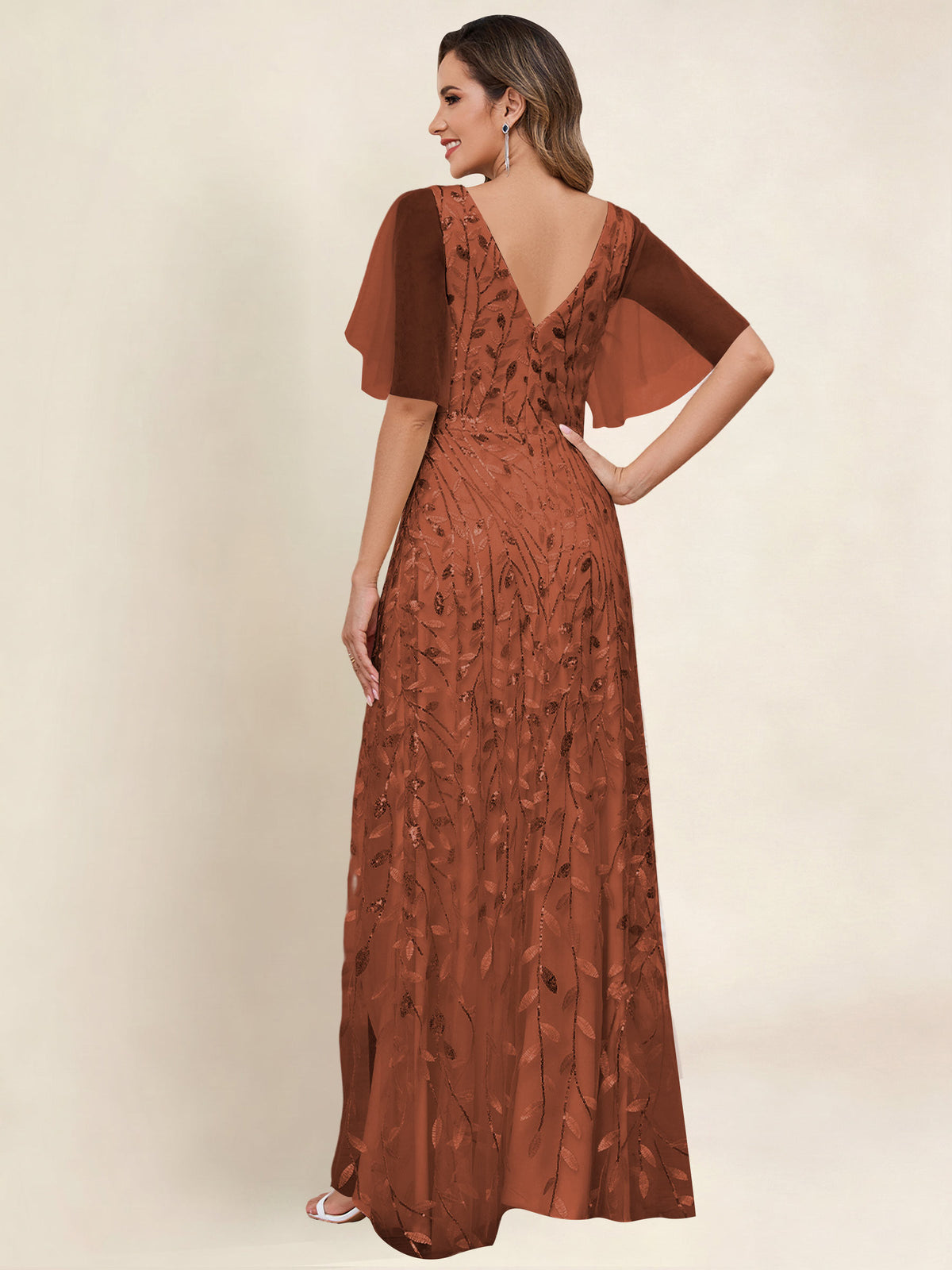 V Neck Sequin Tulle A Line Mother of the Bride Dress with Sleeves
