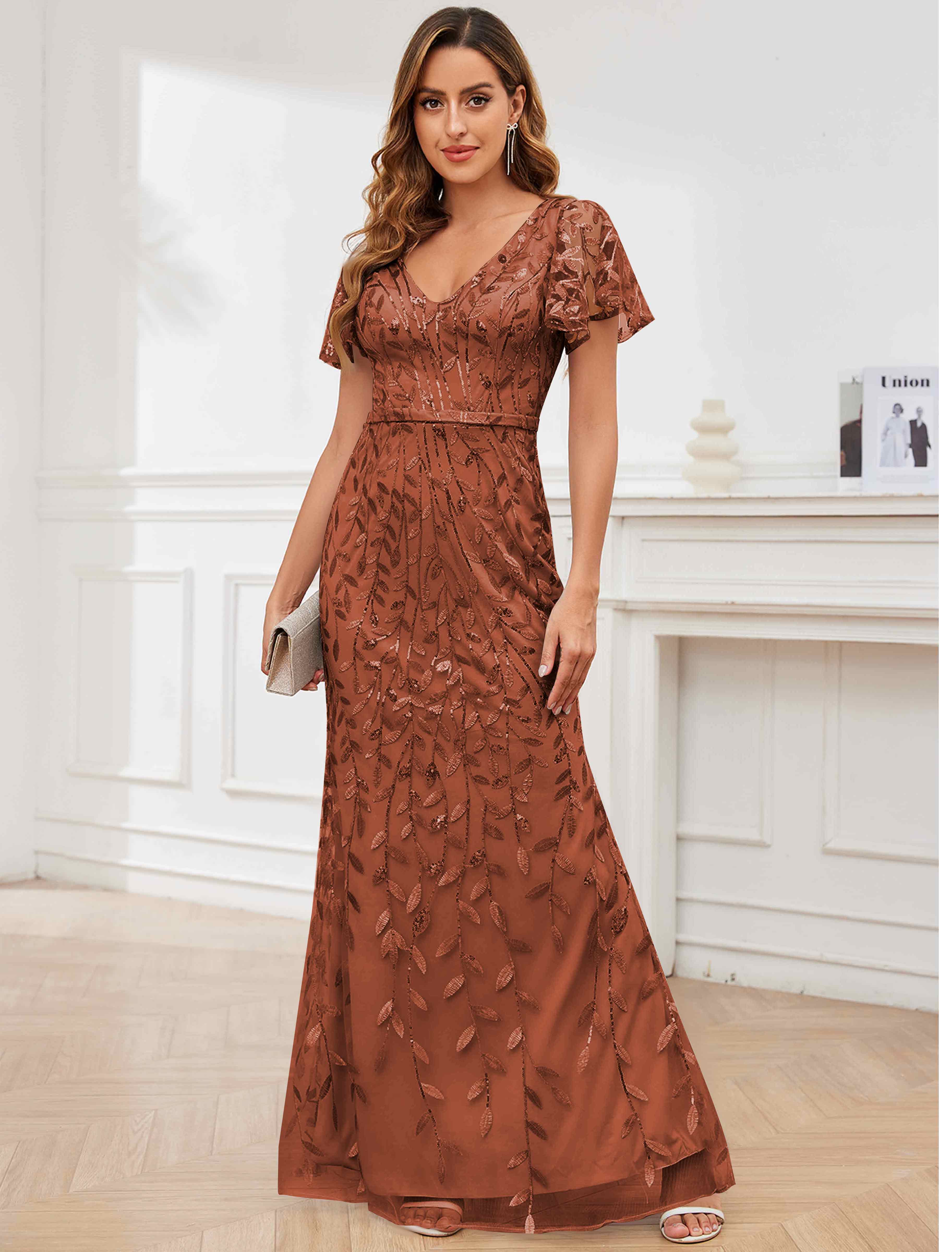 ROVDESY V-Neck Mermaid Sequin Mother Of The Bride Dress With Short Sleeves