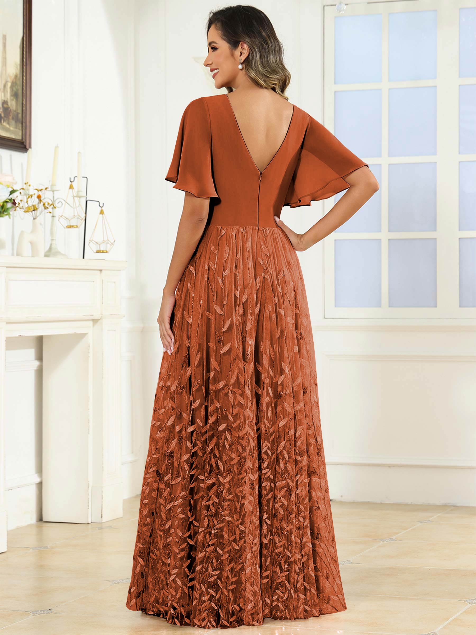 ROVDESY A-Line V-Neck Chiffon Sequin Mother Of The Bride Dress With Short Sleeves