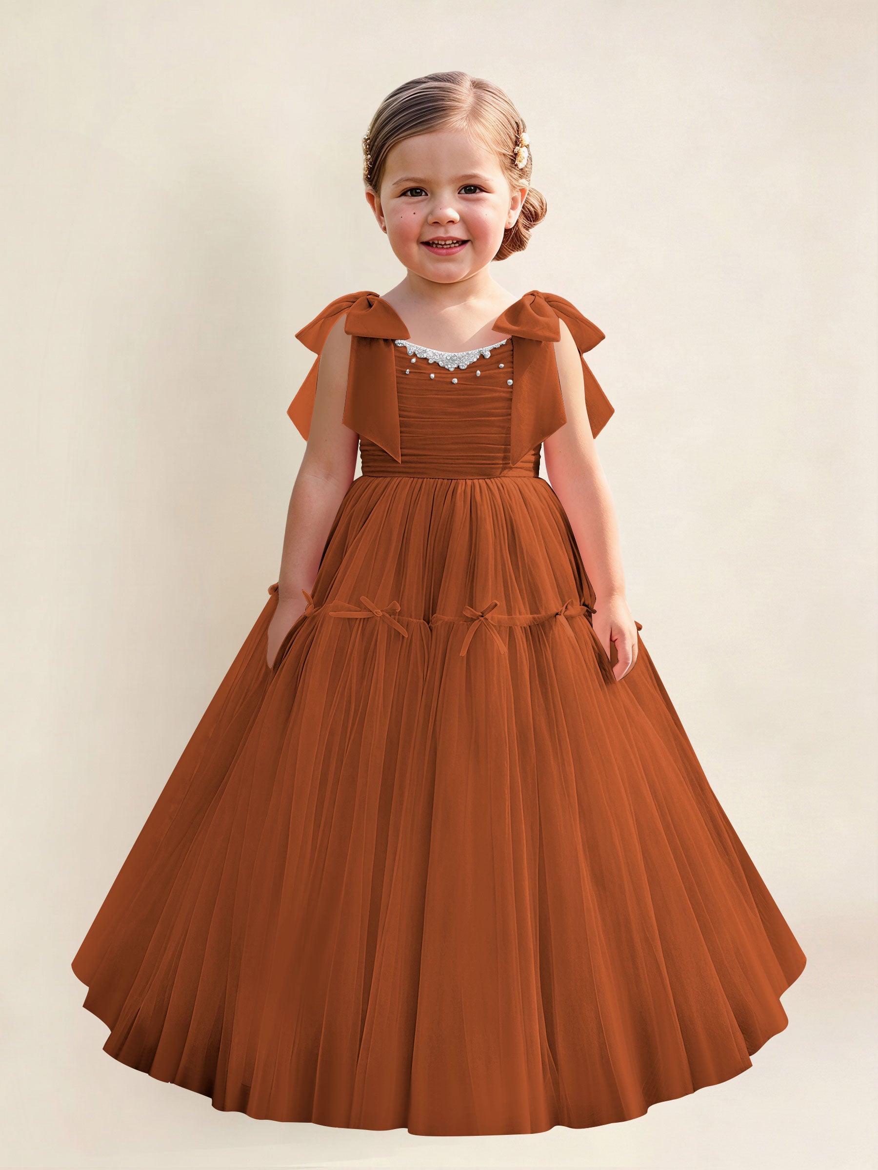 ROVDESY A-Line Tulle Flower Girl Dress With Bow Long Ball Gown Dress