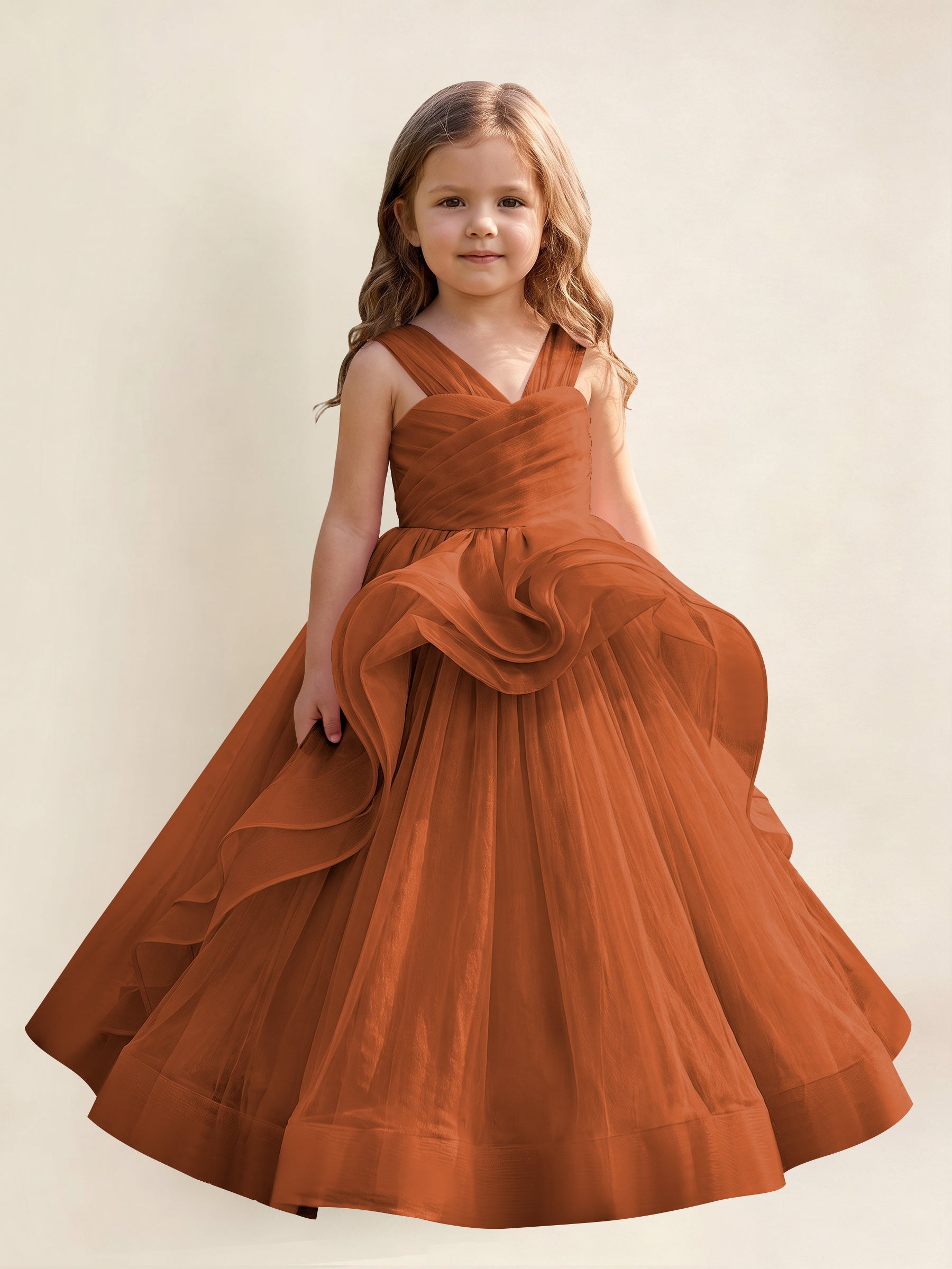 ROVDESY A-Line V-Neck Tulle Flower Girl Dress With Sleeveless Long Ball Gown Dress