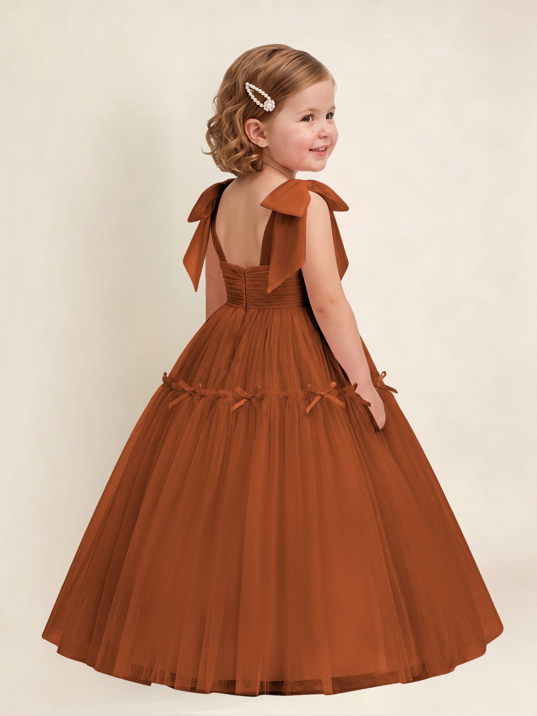 ROVDESY A-Line Tulle Flower Girl Dress With Bow Long Ball Gown Dress