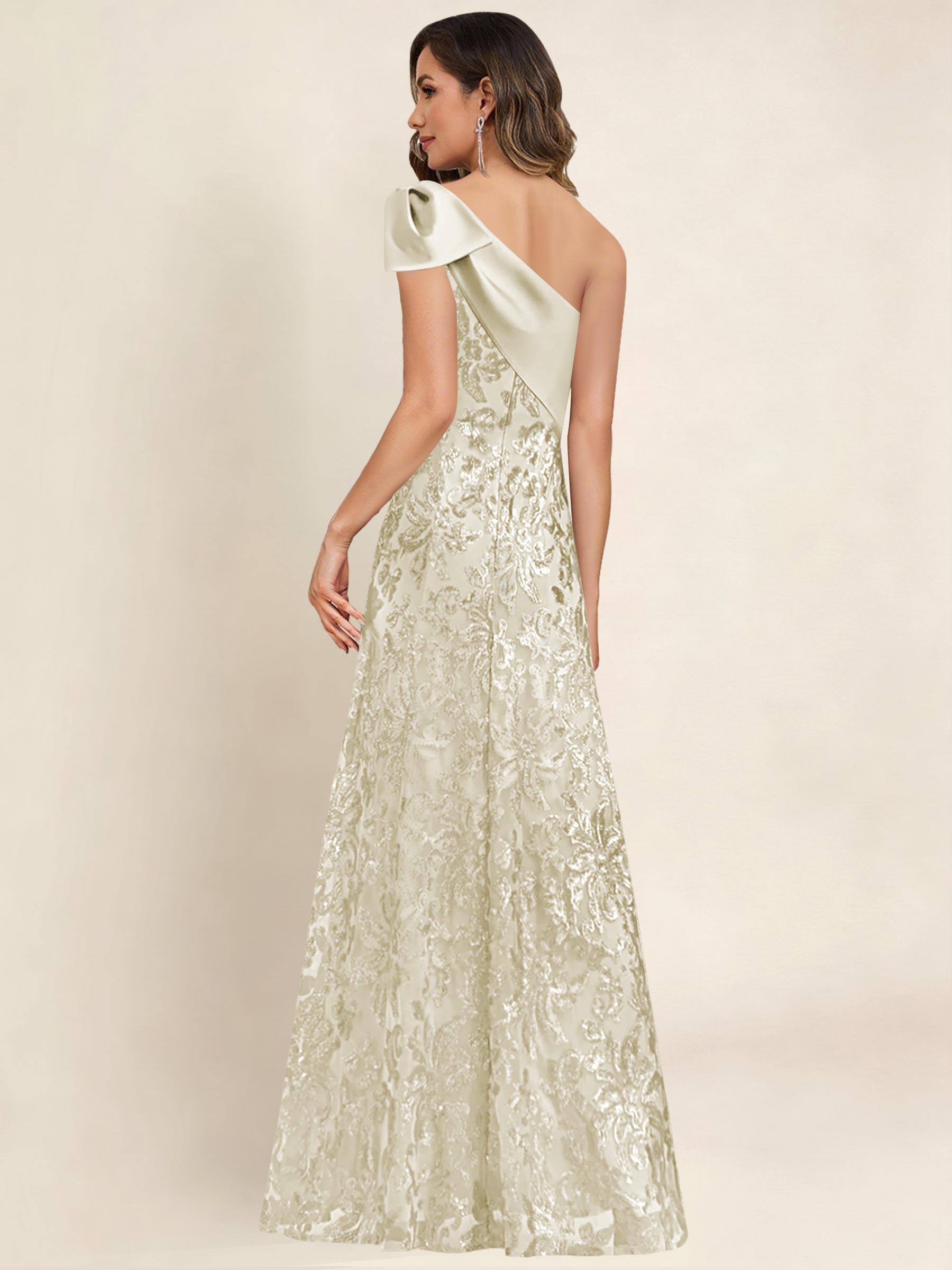ROVDESY One Shoulder Sequin Mermaid Long Mother Of The Bride Dress Formal Gown With Bow