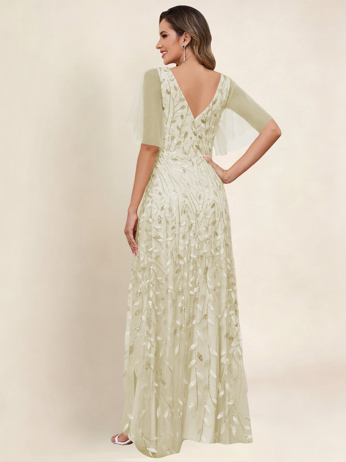 V Neck Sequin Tulle A Line Mother of the Bride Dress with Sleeves