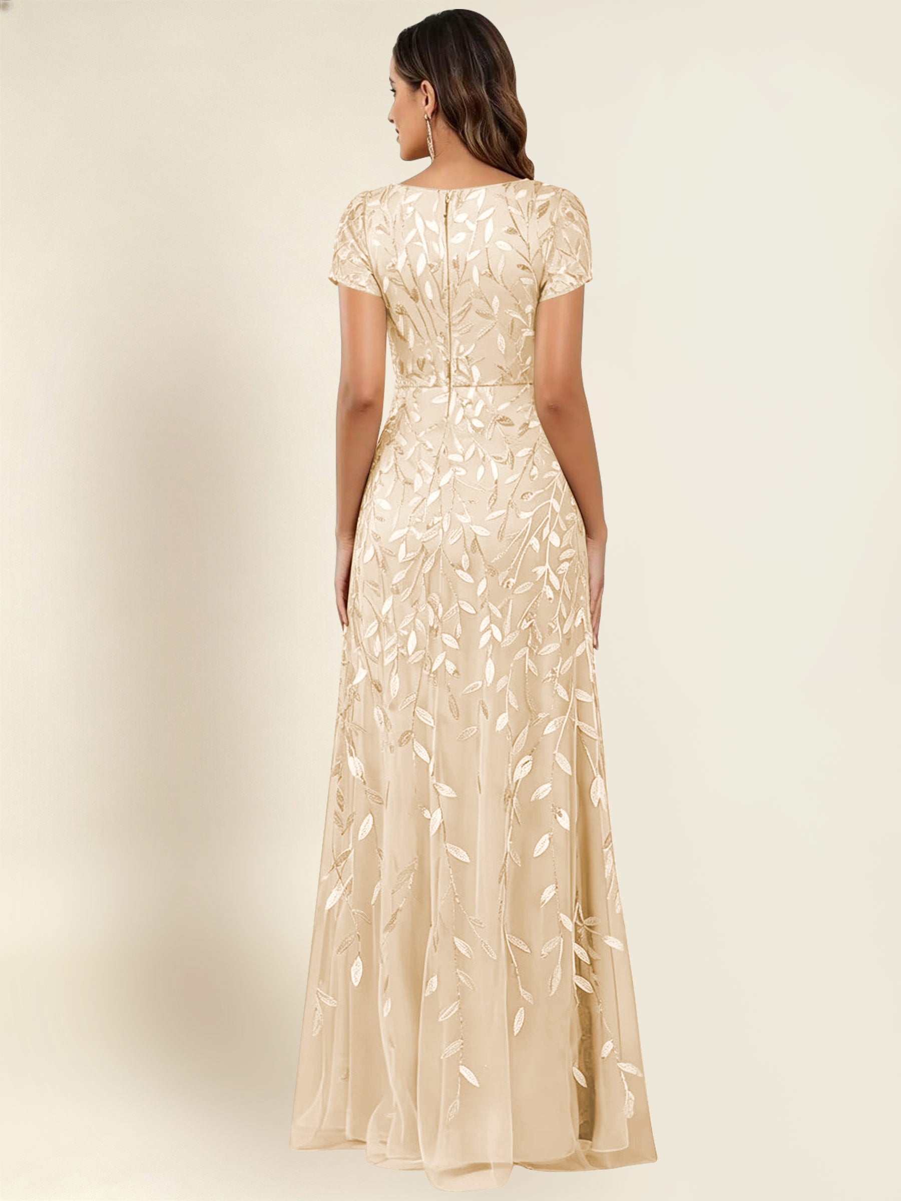 ROVDESY Sequin Mermaid Long Mother Of The Bride Dress With Short Sleeves Formal Gown